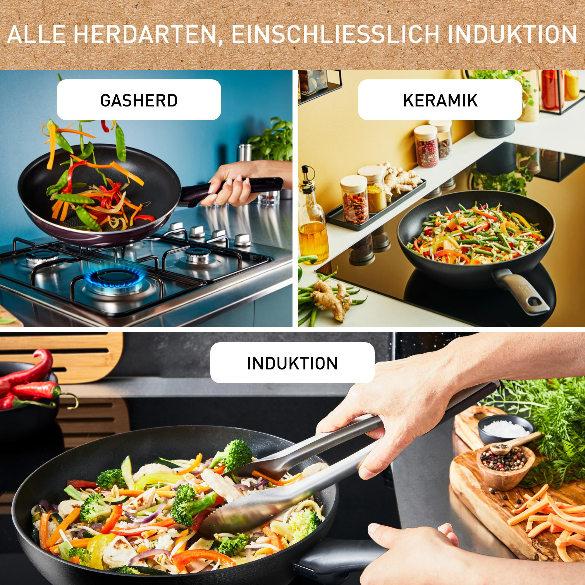 Eine Collage zeigt Kochmethoden: Gasherd, Cerankochfeld und Induktion, jeweils mit Essen.