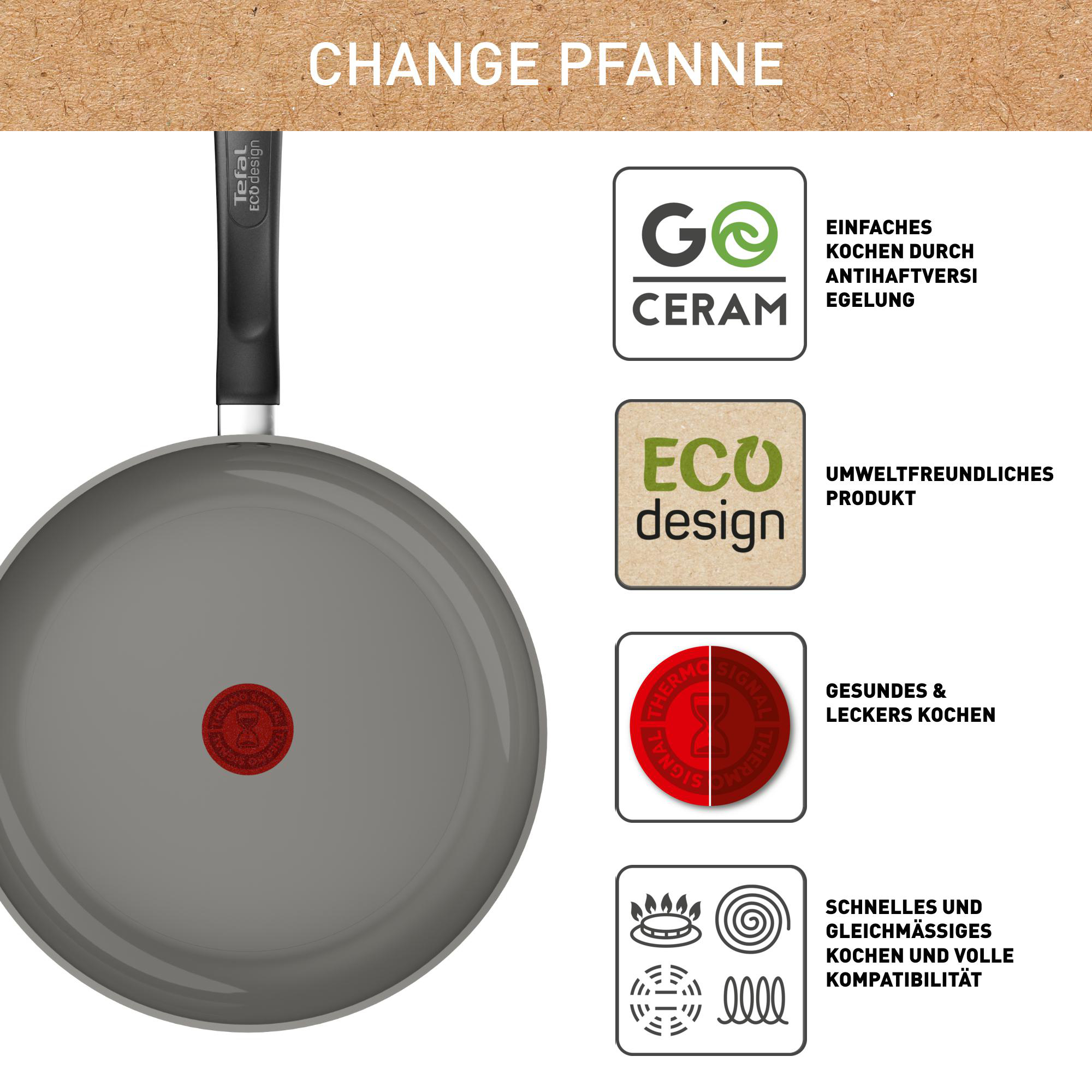 Graue Tefal-Pfanne mit schwarzem Griff und Text über ihre Eigenschaften und Ökodesign.