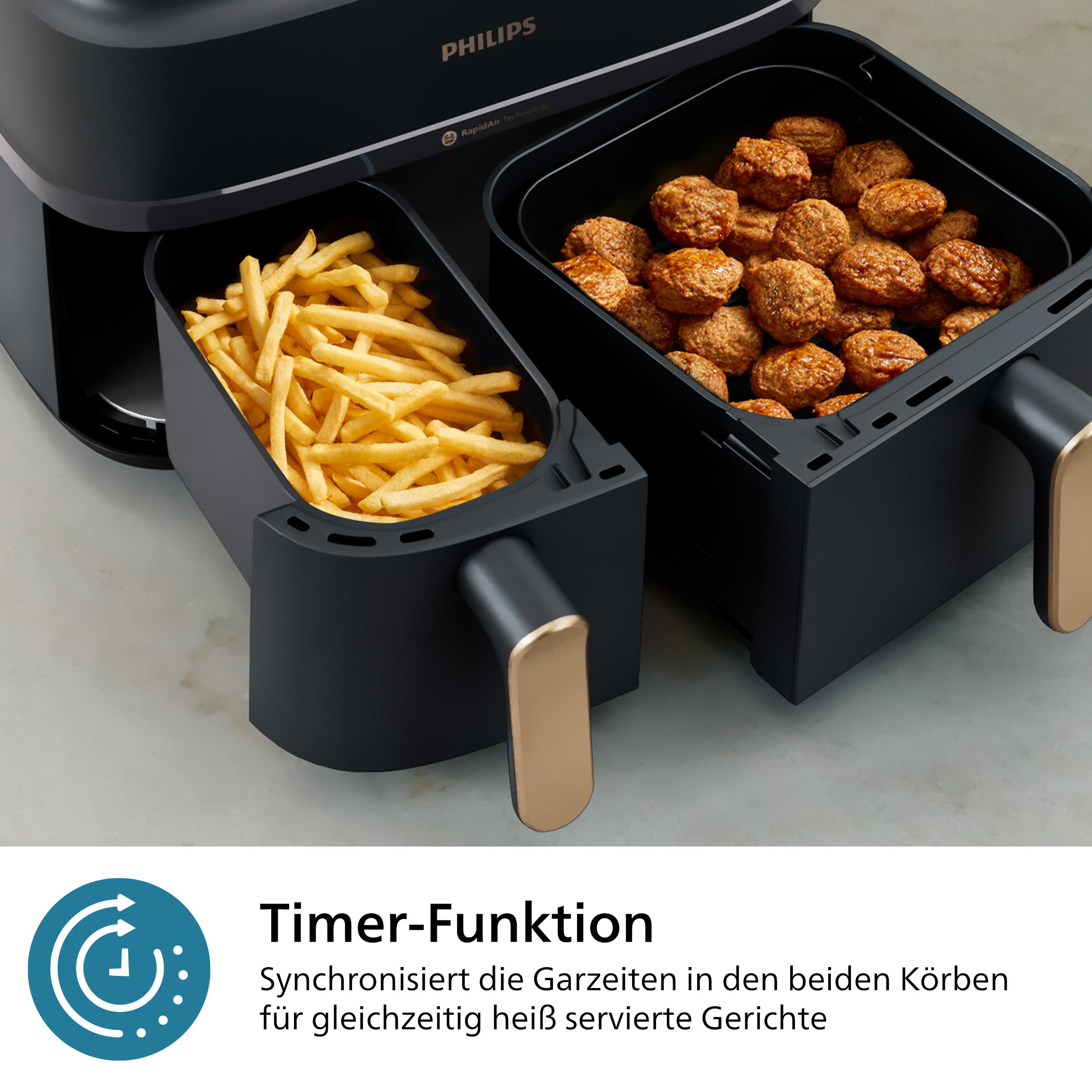 Schwarze Heißluftfritteuse mit zwei Fächern, eines mit Pommes, eines mit Fleischbällchen.