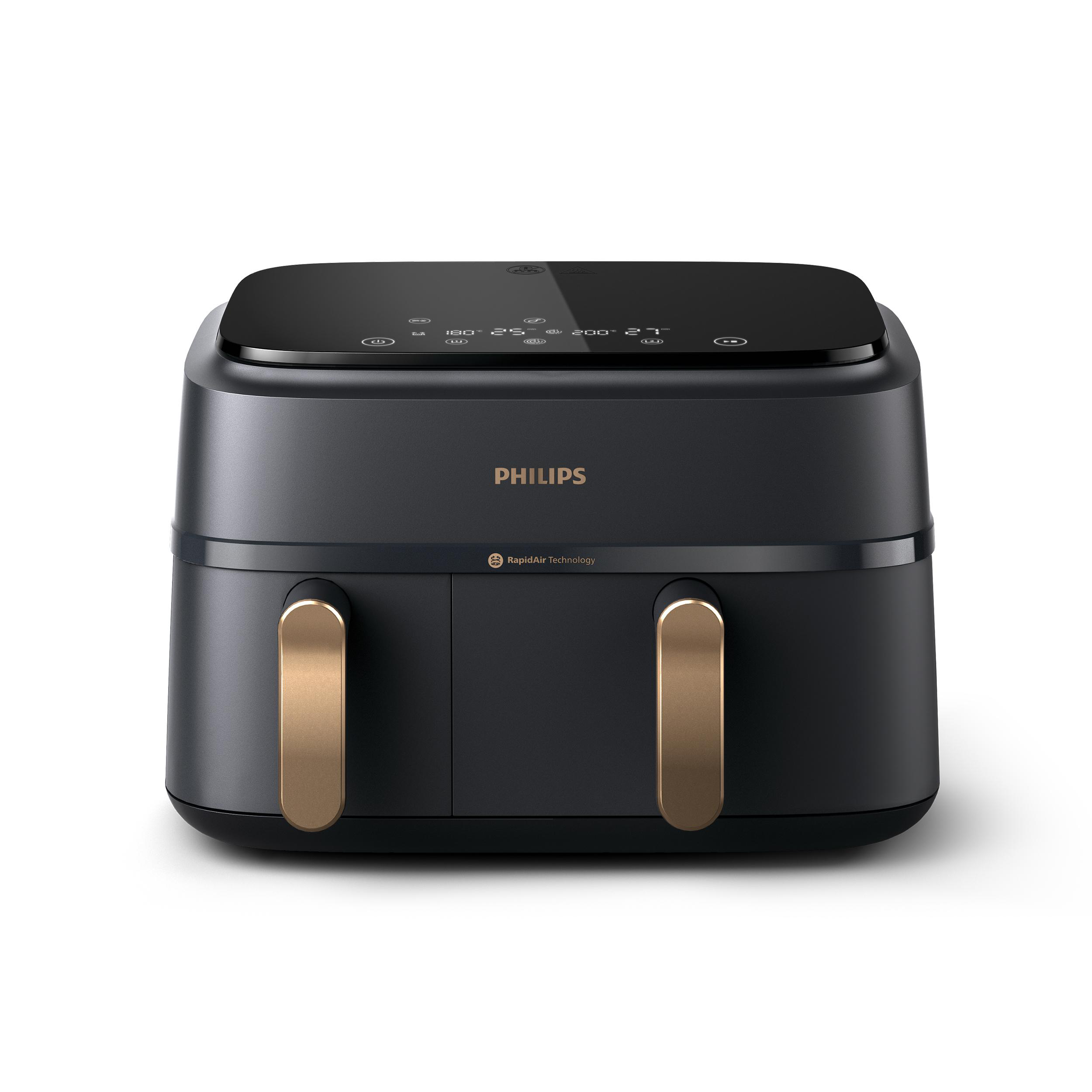 Schwarze Philips-Heißluftfritteuse mit goldenen Akzenten und Digitalanzeige.