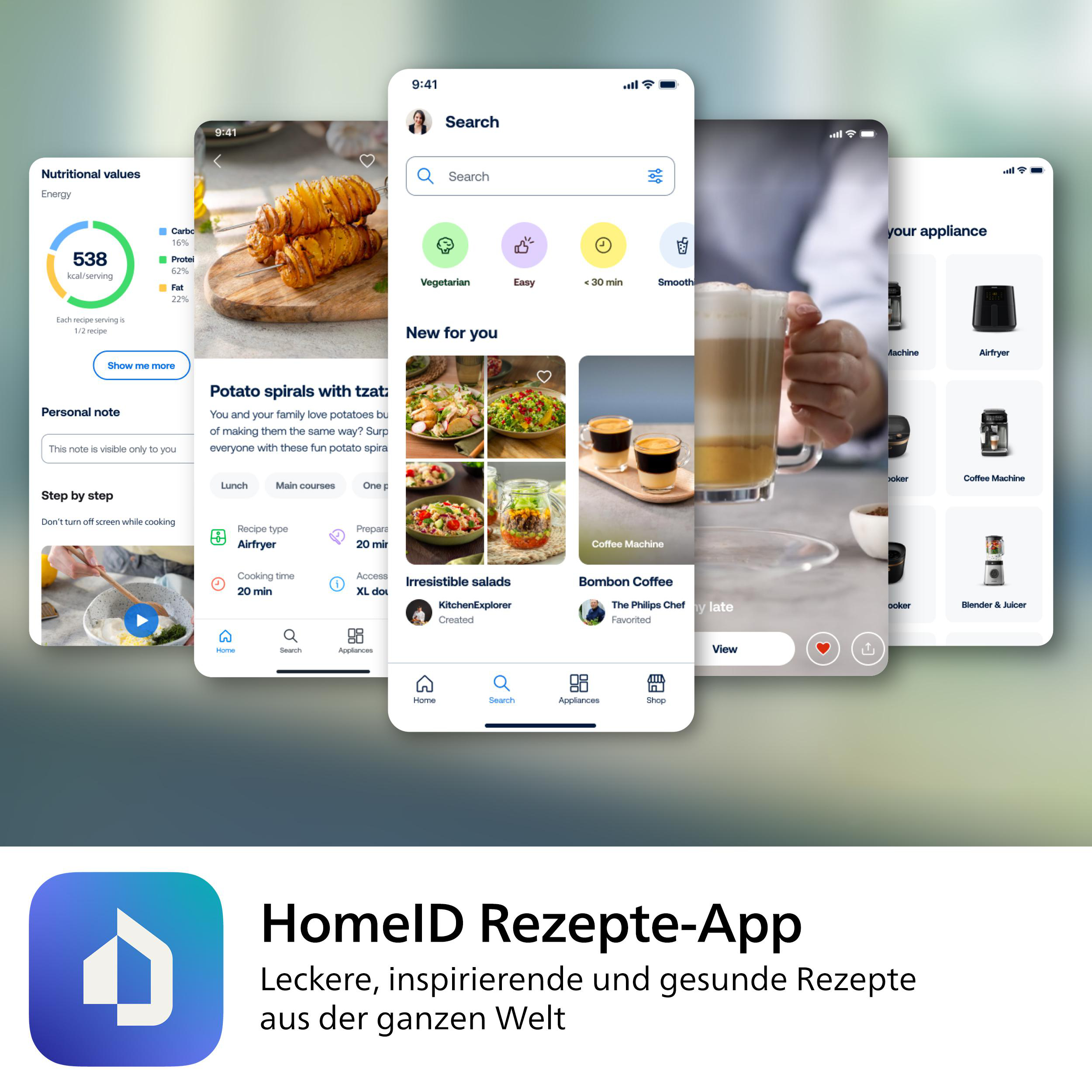 Telefon-Apps mit Essensbildern. Enthält Rezepte, Suchoptionen und Symbole für Home, Suche und Zubehör.