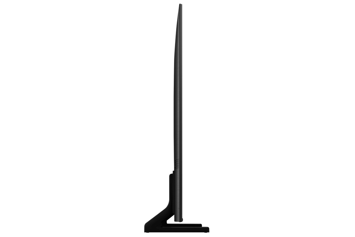 İnce siyah bir TV, yan görünüm, minimalist bir stand ile, beyaz bir arka plan üzerinde.