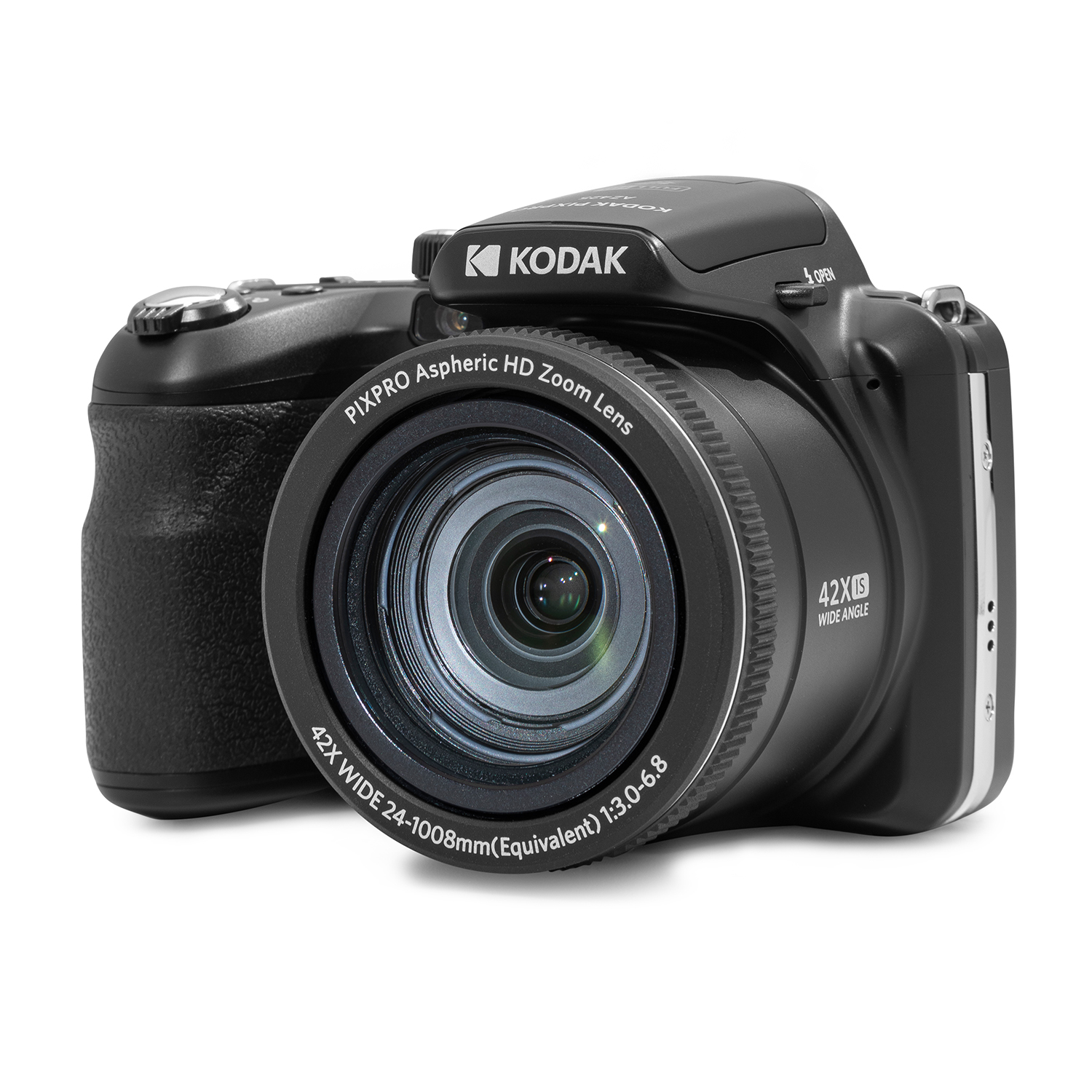 Una fotocamera digitale Kodak nera con obiettivo zoom, logo Kodak ed etichetta grandangolare.