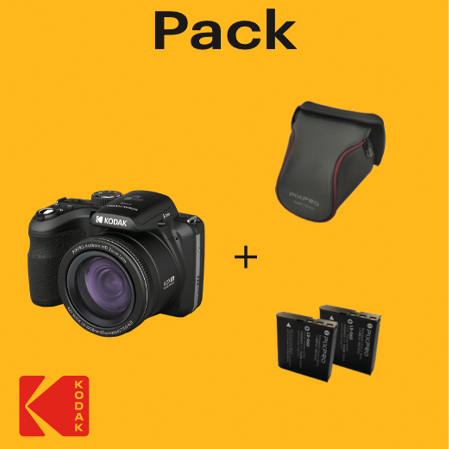 Una fotocamera Kodak nera, una custodia nera e due batterie nere, su sfondo giallo.