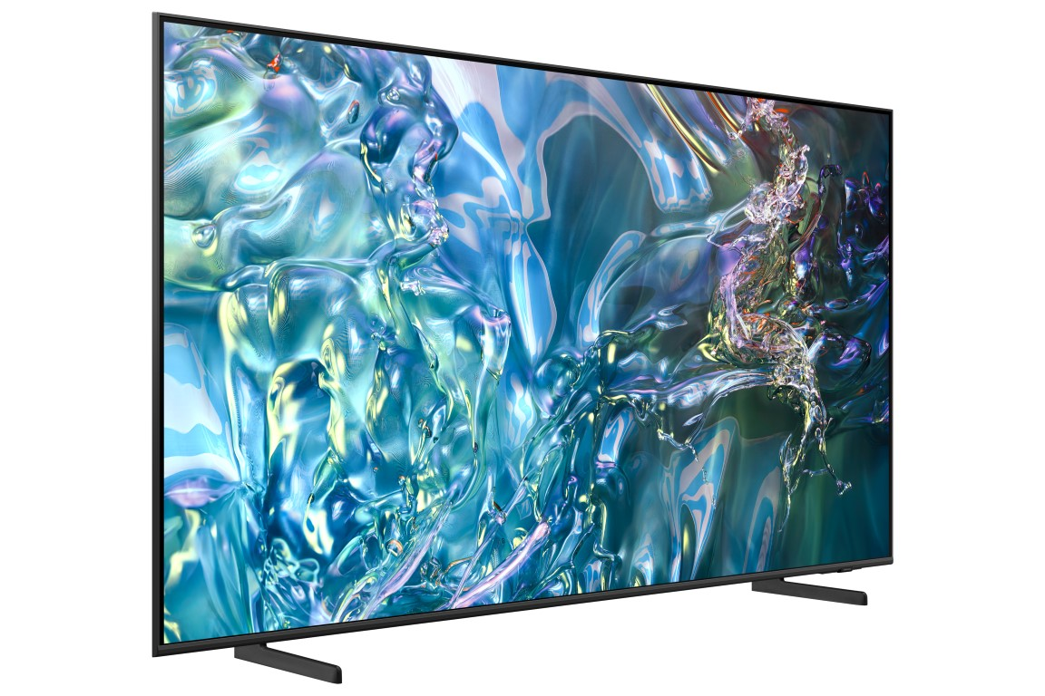 İnce siyah çerçeveli ve ekranda renkli bir görüntüye sahip büyük bir düz ekran TV.