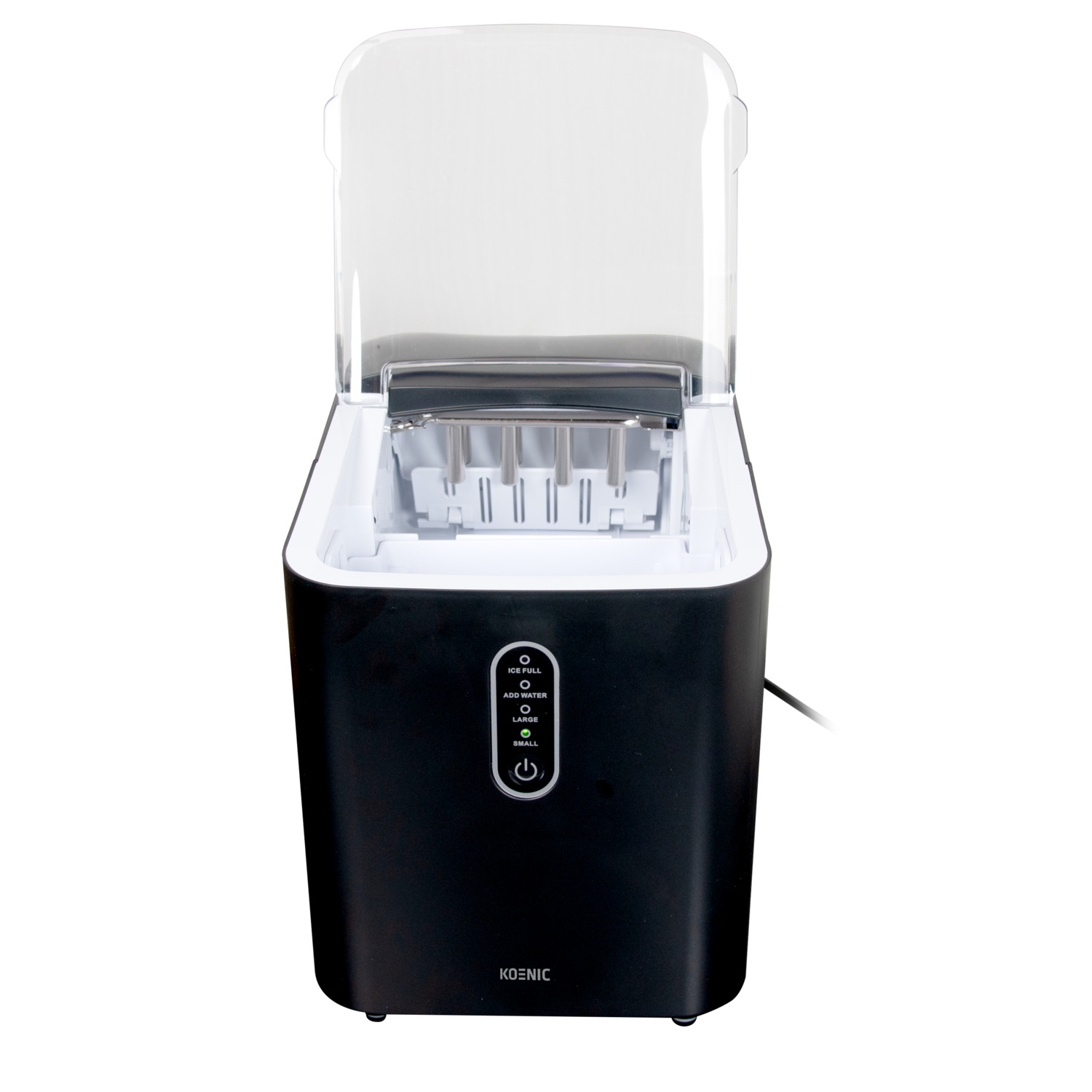 Black ice maker with open lid, showing ice molds and control panel with buttons.