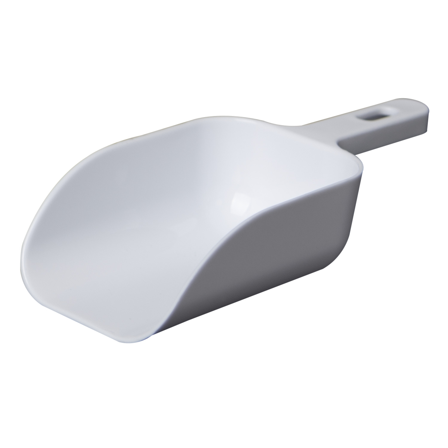 White plastic scoop on a white background. It has a handle and a curved scoop.