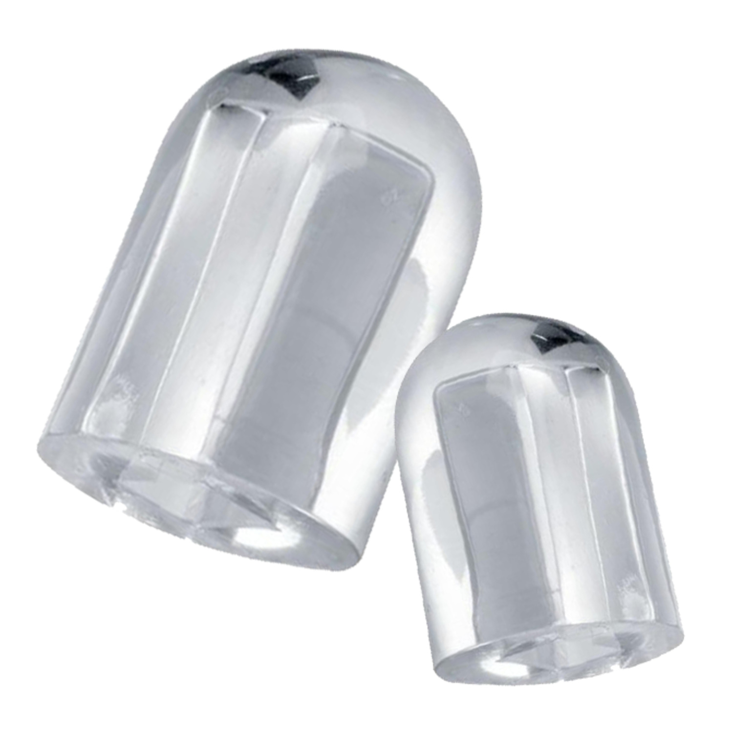 Two clear, transparent earplugs with a smooth, rounded top and a flat bottom.