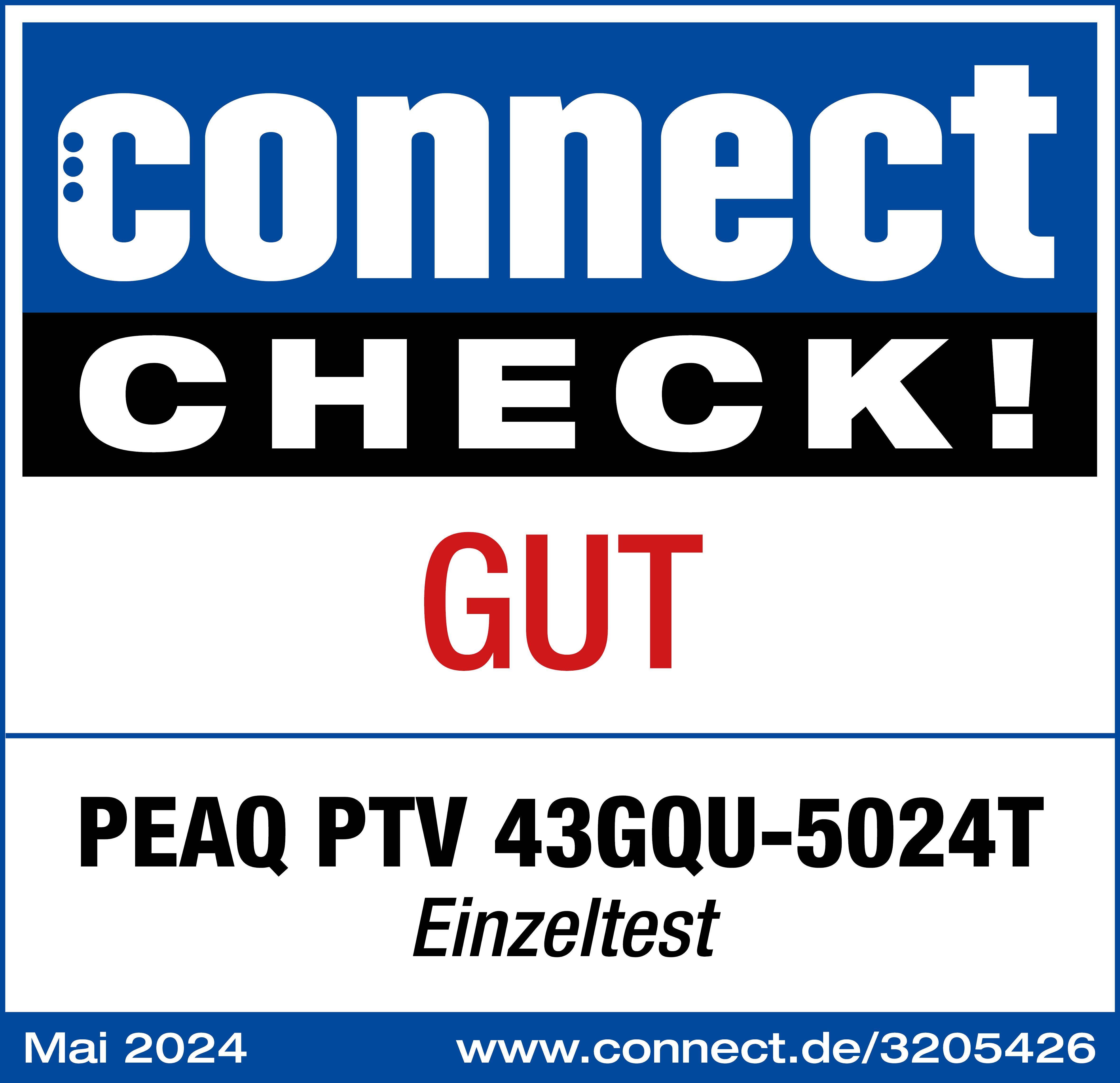 Blaues Logo mit Text: connect, CHECK!, GUT, PEAQ PTV 43GQU-5024T, Mai 2024.