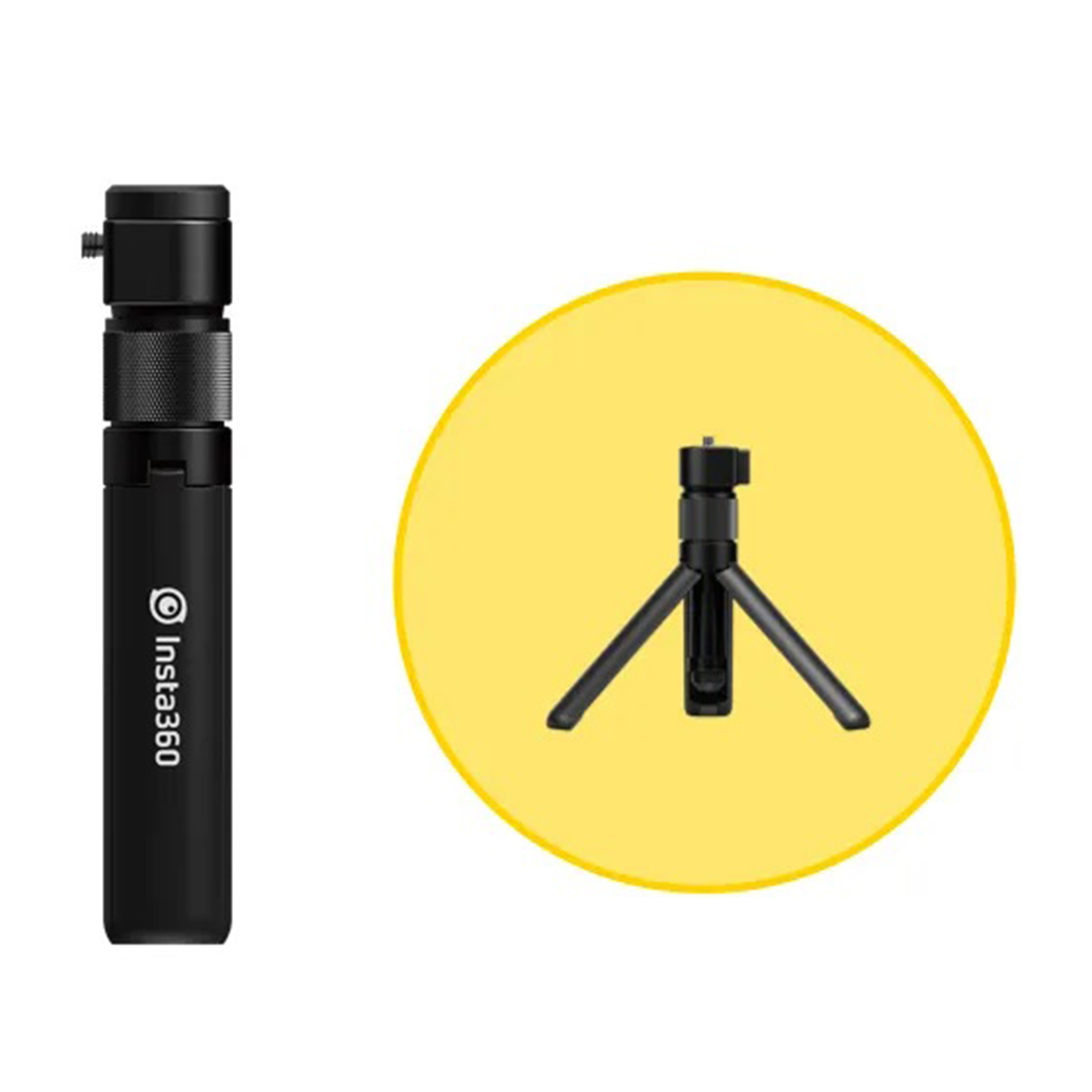 Bastone Insta360 nero e treppiede nero. Il treppiede è all'interno di un cerchio giallo per enfatizzare.