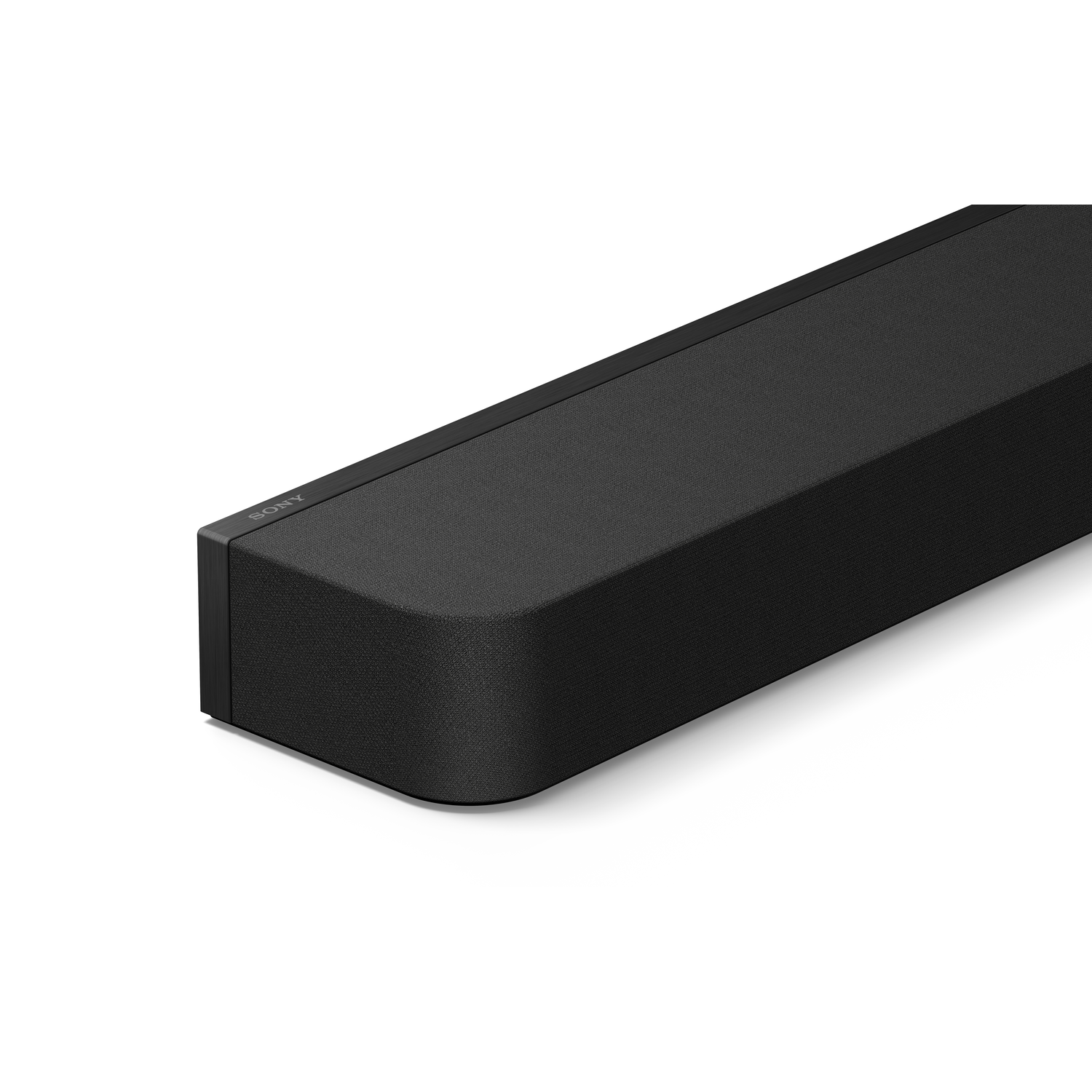 A black soundbar with a fabric cover, angled to the left.