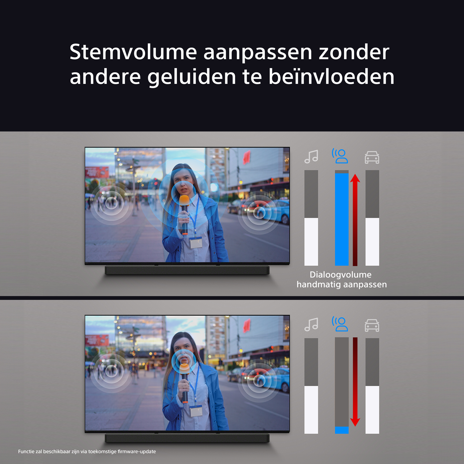 Two TVs showing sound adjustments. One with a woman speaking. Sound bars and control graphs present.