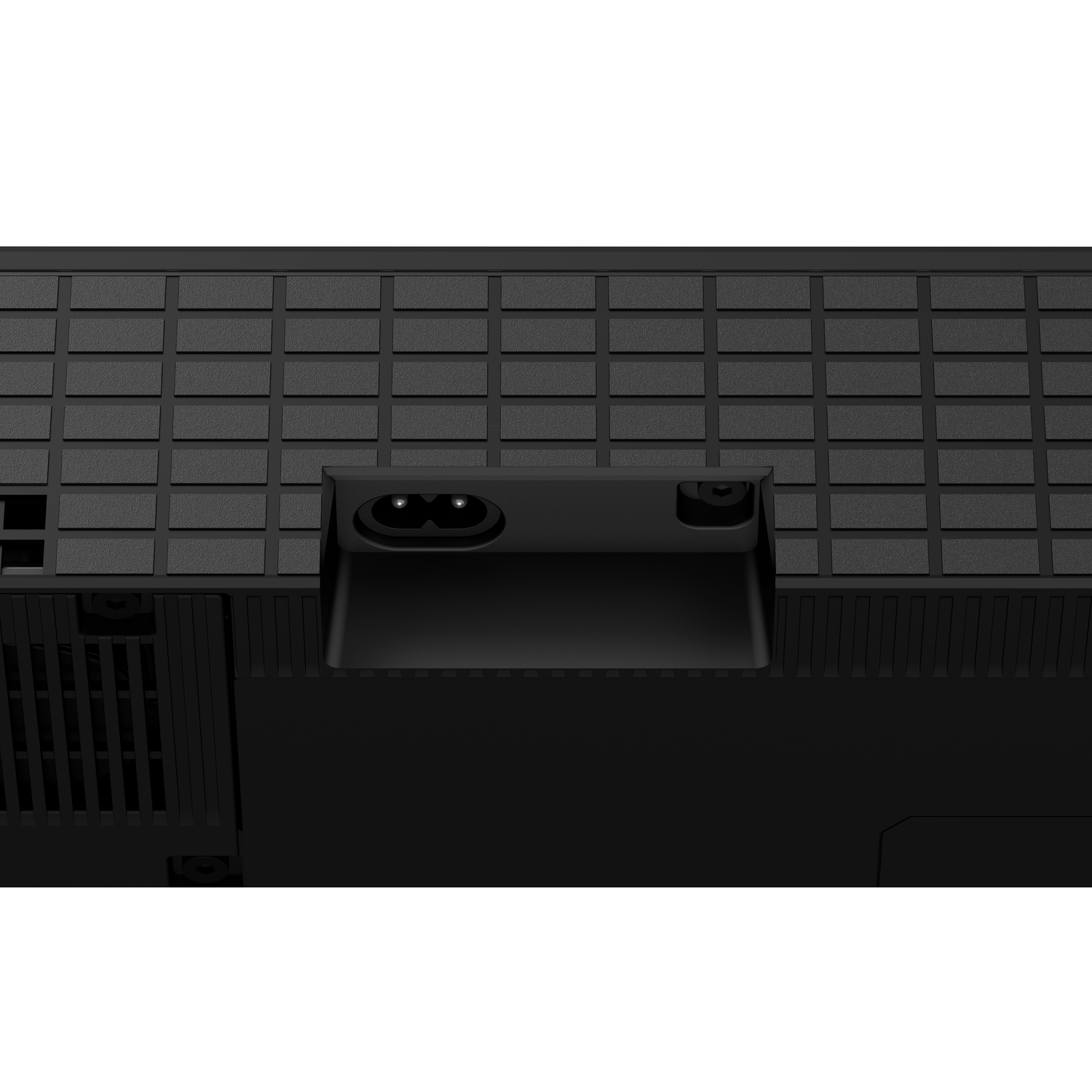 The back of a black TV with a power port and ventilation slots. The surface is textured.