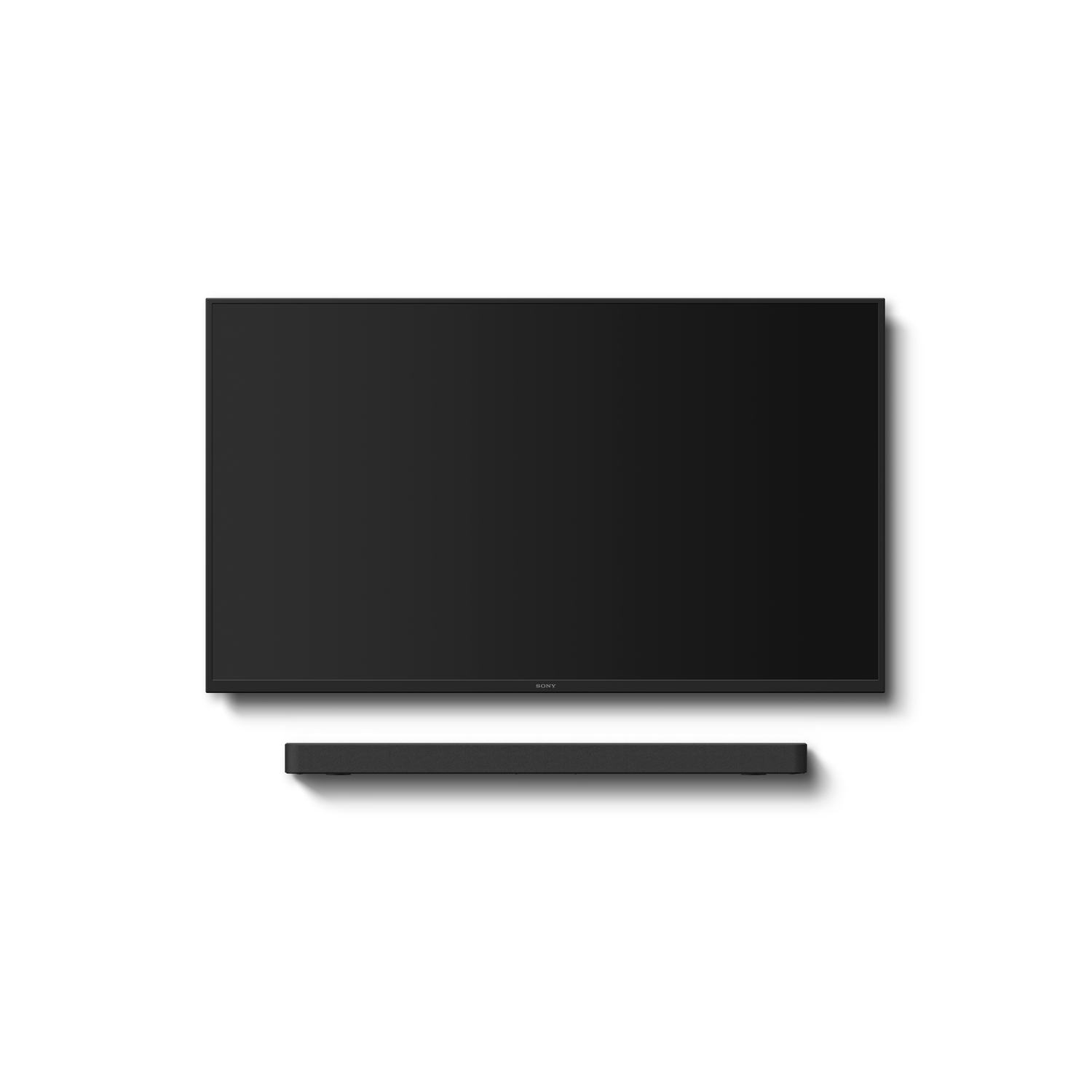 Een zwarte tv en soundbar op een witte achtergrond. De tv is gemonteerd, de soundbar eronder.
