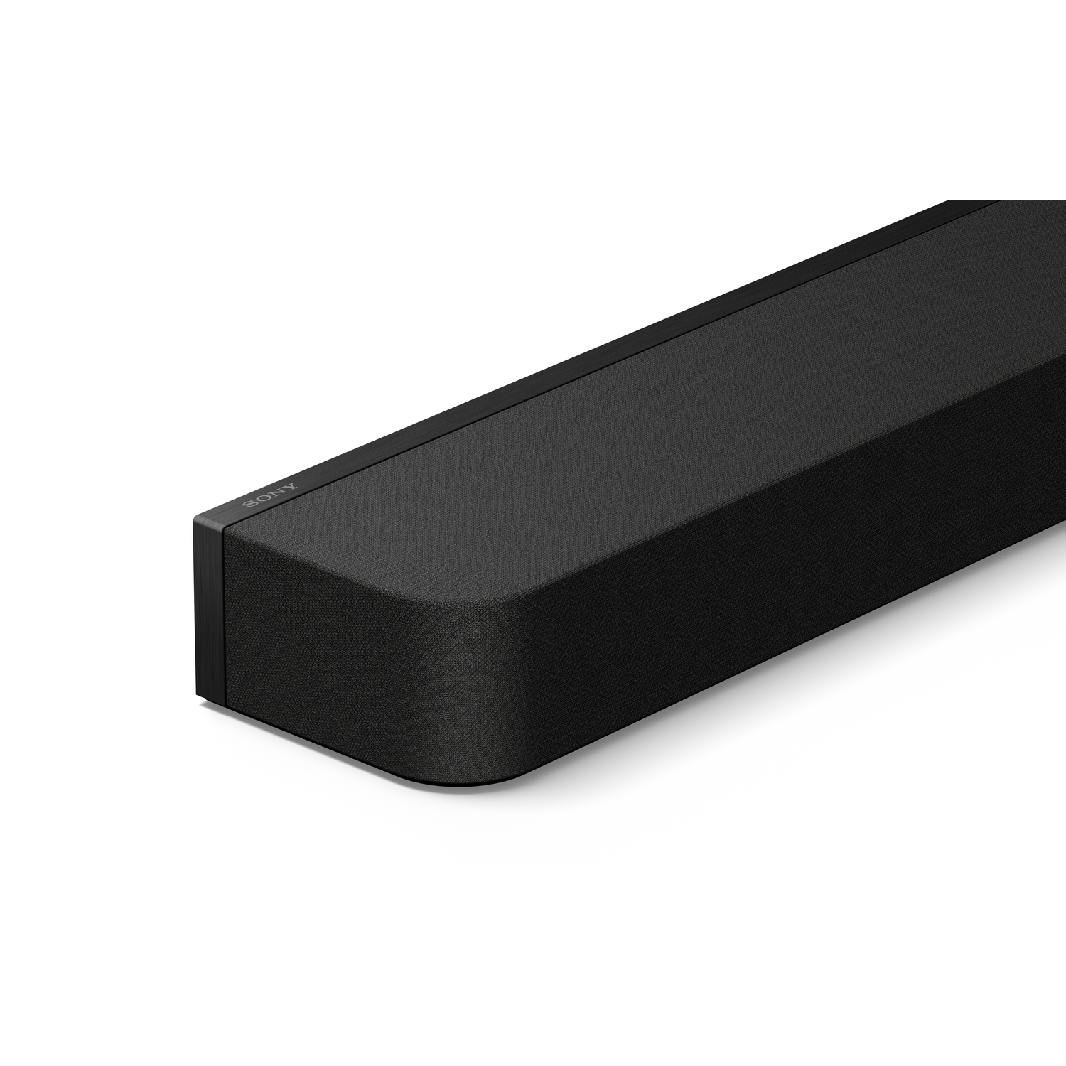Zwarte soundbar, close-up, op een witte achtergrond. Sony-merk zichtbaar.