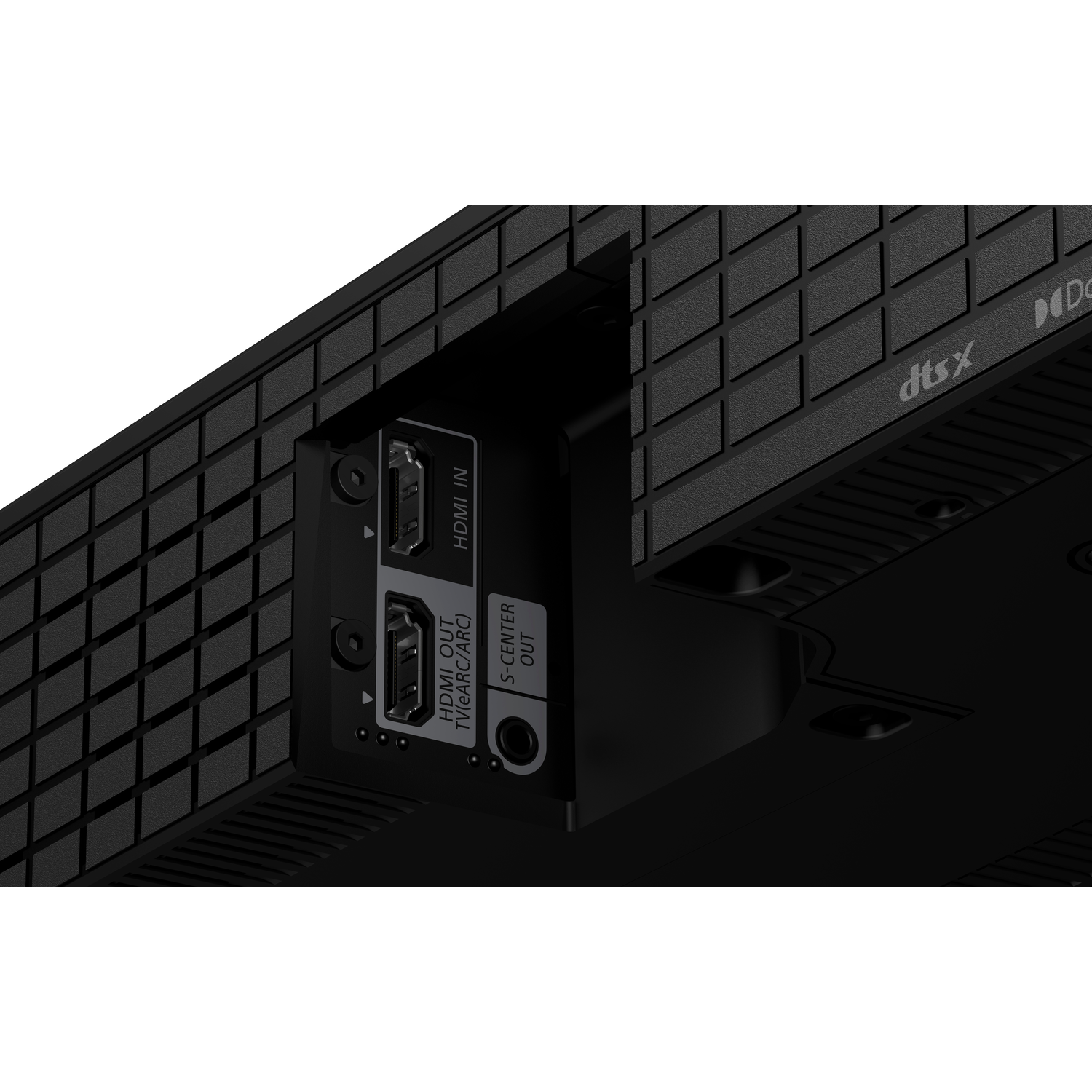 Achterkant van een apparaat met HDMI en andere poorten. Zwart, getextureerd oppervlak.