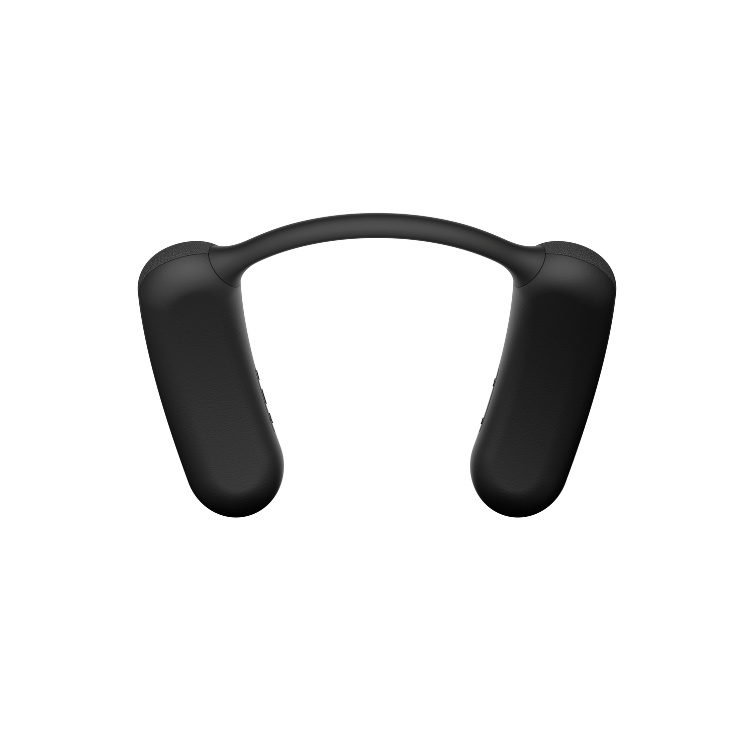A black neck speaker worn around the neck, with a curved design and speaker components.