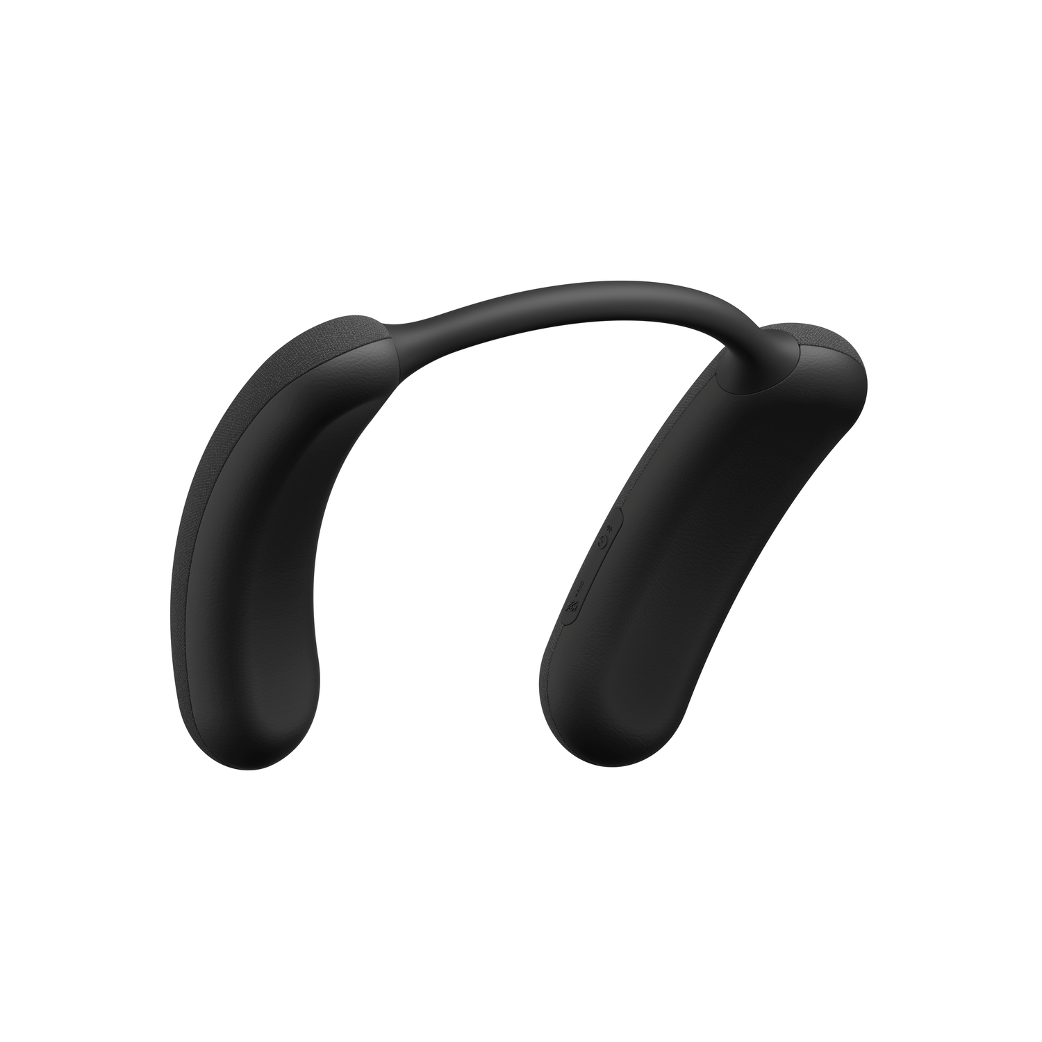 Black, U-shaped neckband speaker on white background, designed for neck wear.
