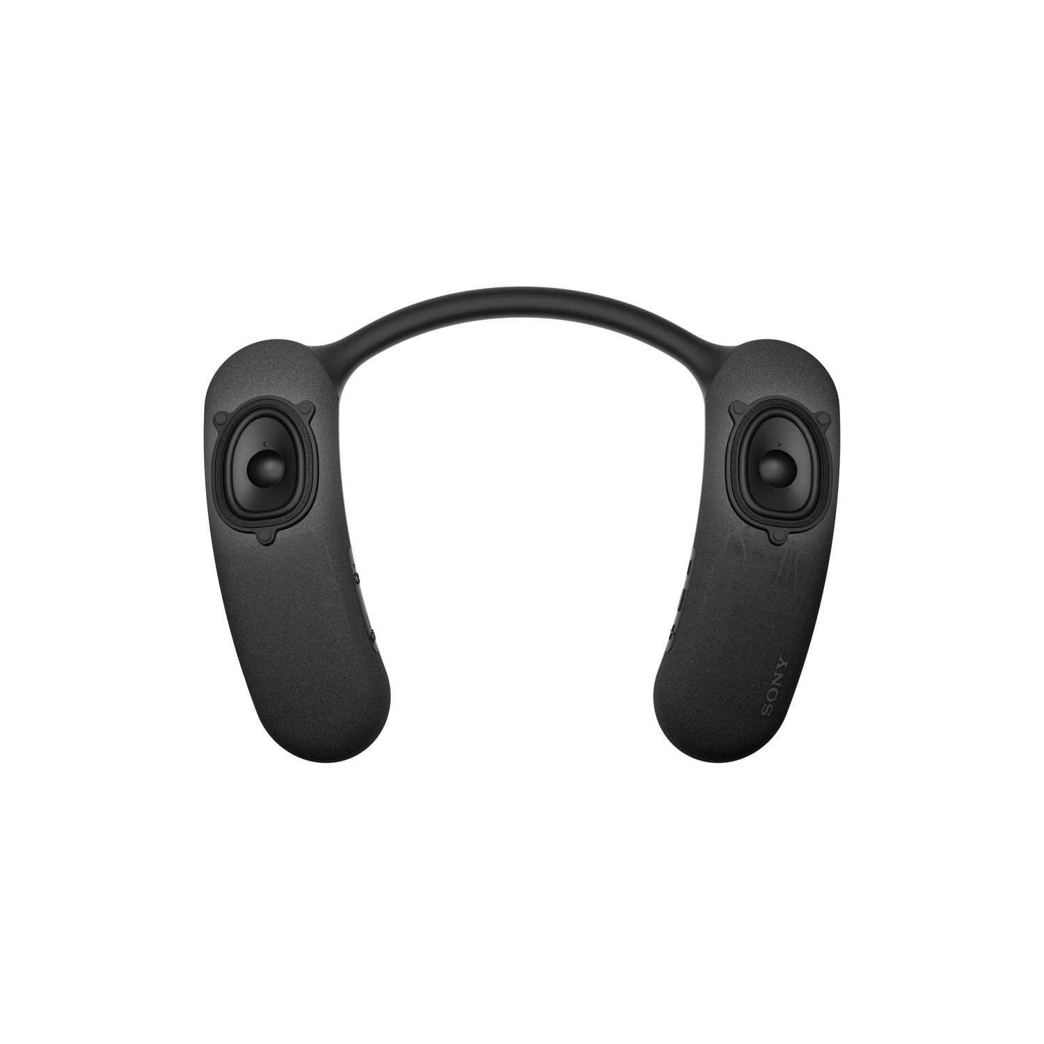 Black neck speaker with speakers on either side. White background.