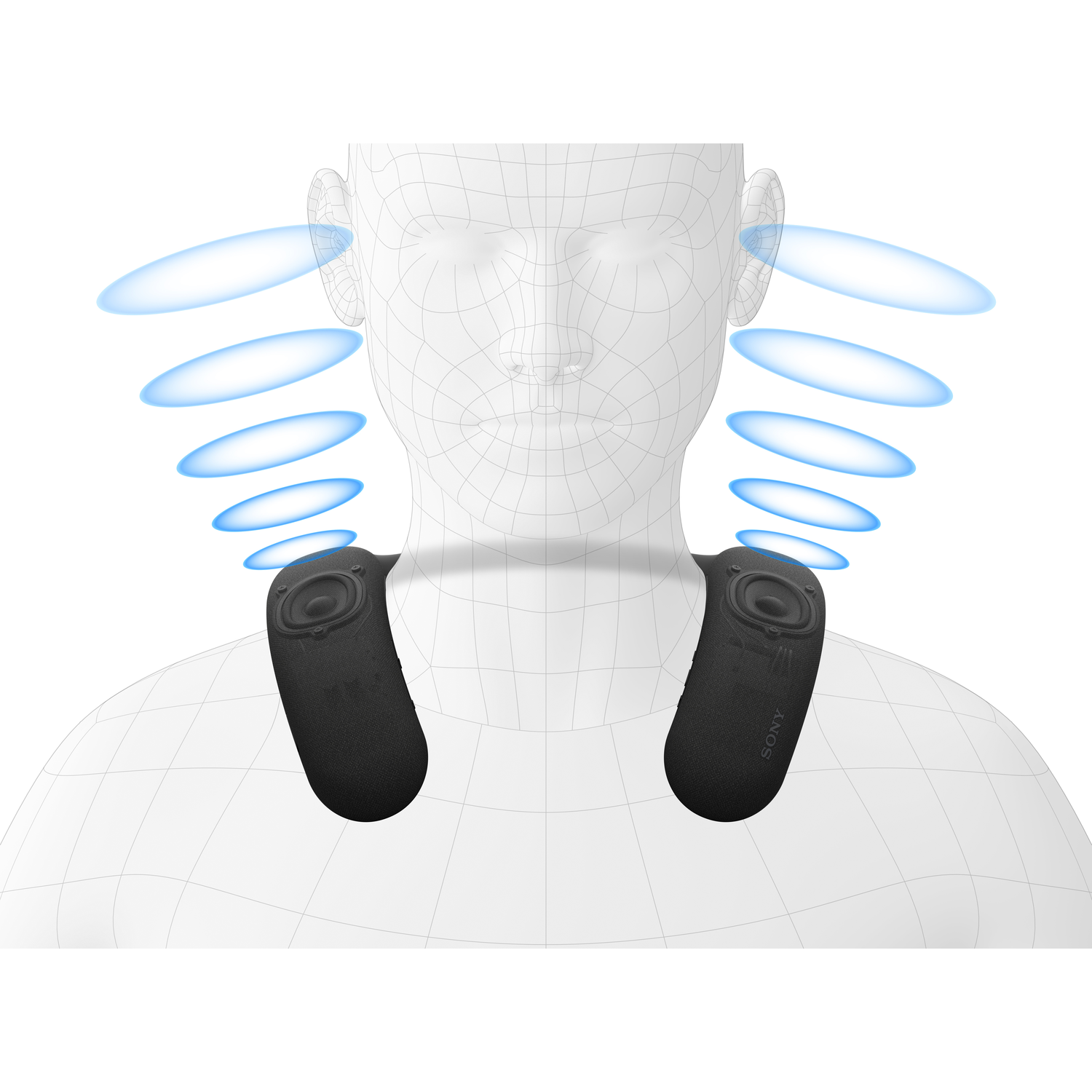 Diagram of a person with a neck speaker. Blue sound waves are visible.