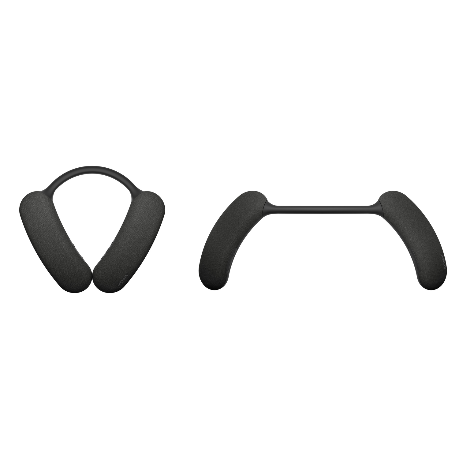 Black neckband-style headphones with curved ear pieces. White background.