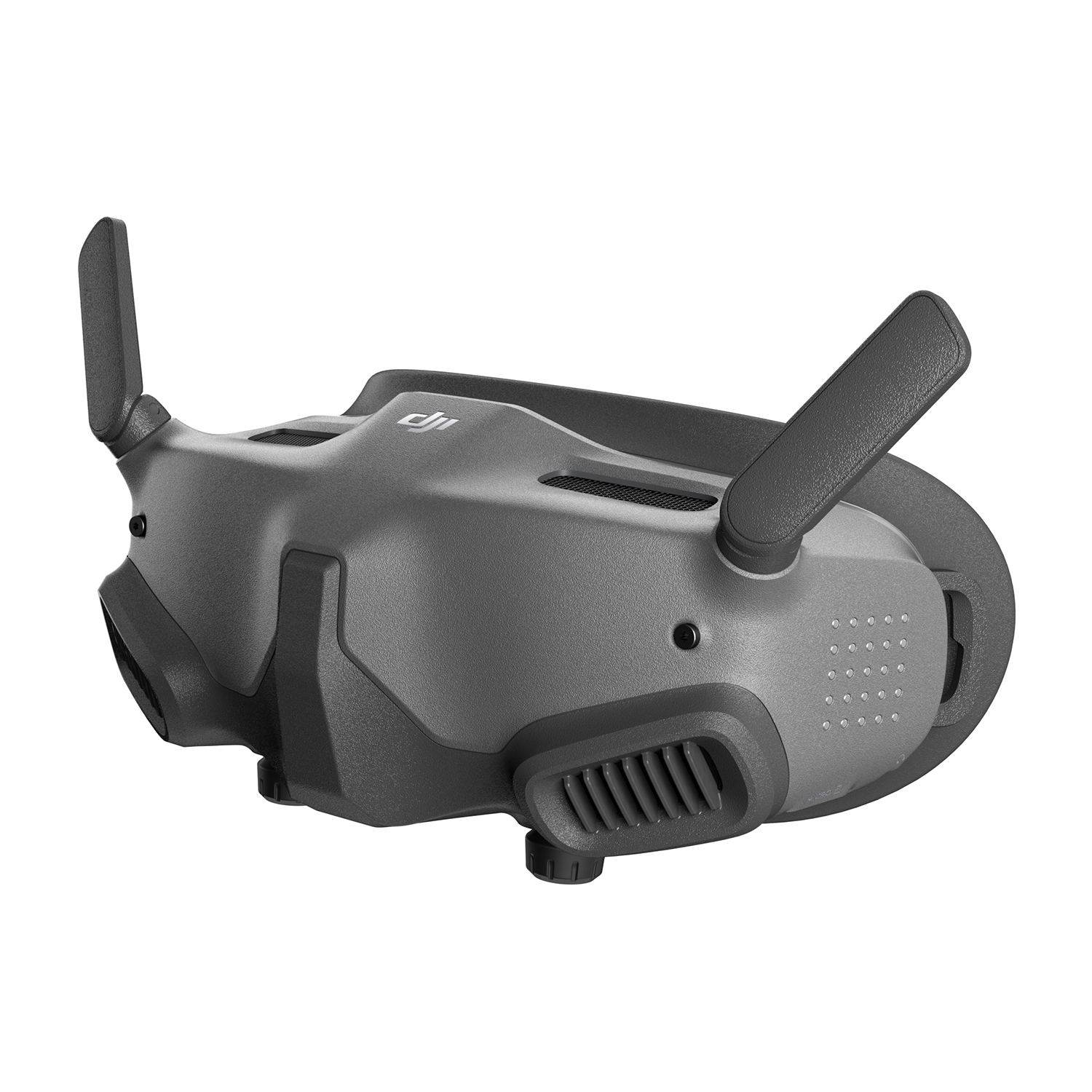 Un paio di occhiali DJI FPV grigi. Ha due antenne e prese d'aria.