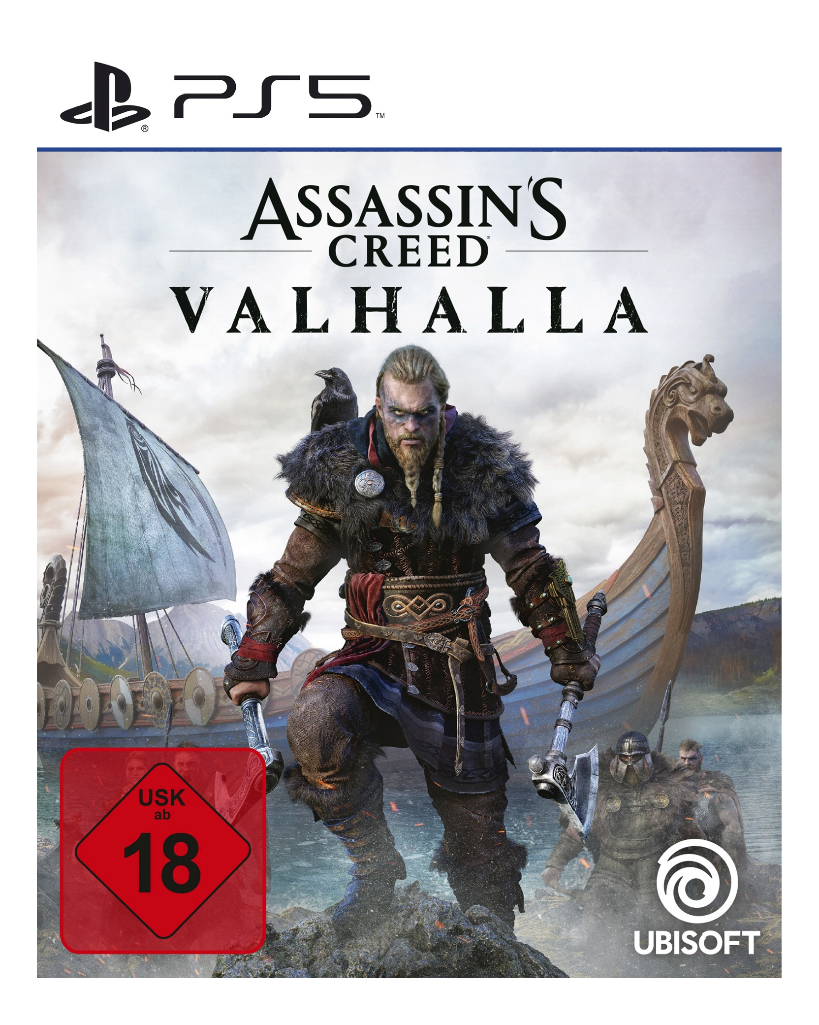 Cover-Art von Assassin's Creed Valhalla PS5. Ein Wikinger mit Äxten und Rabe auf der Schulter vor einem Langboot.