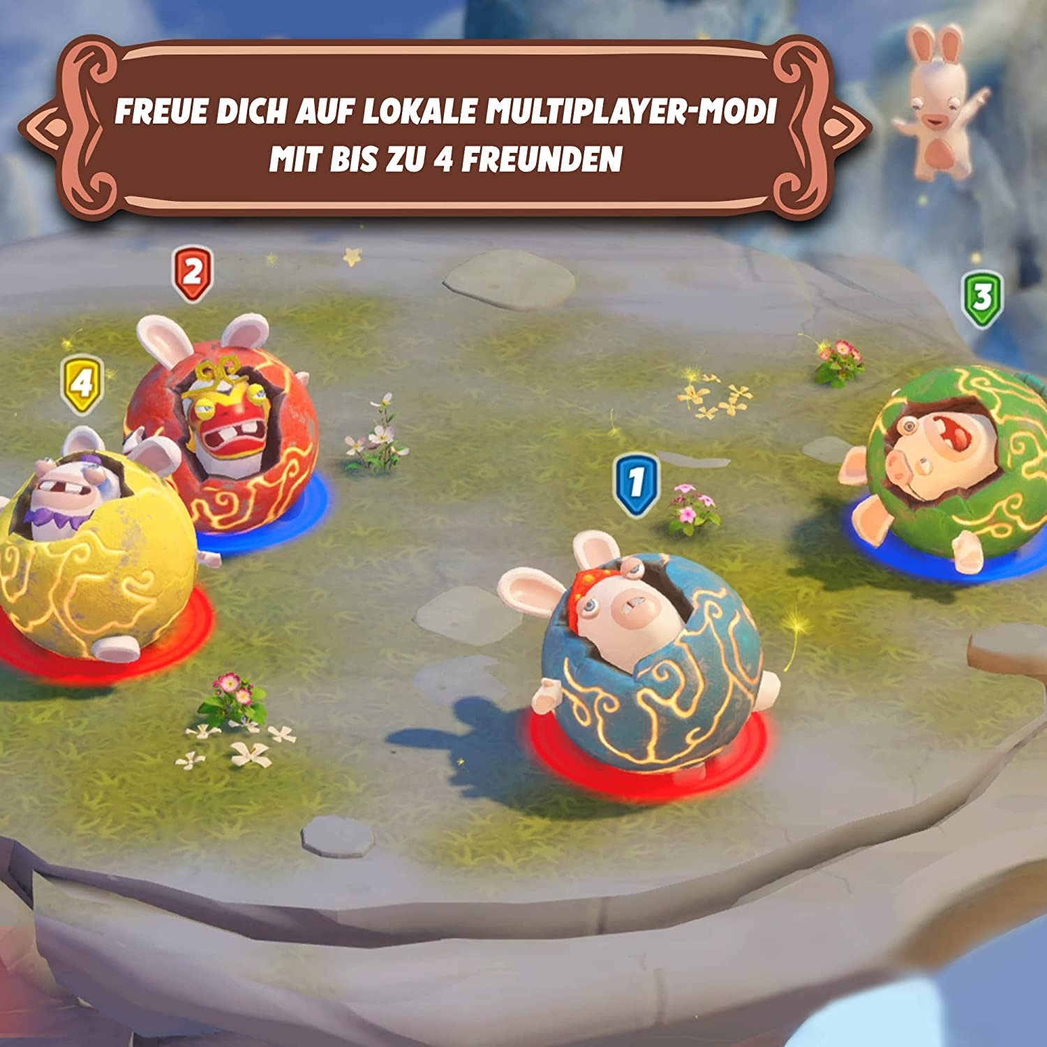 Quattro Rabbids in gusci di uova di Pasqua su una superficie verde, con numeri. Testo sopra.