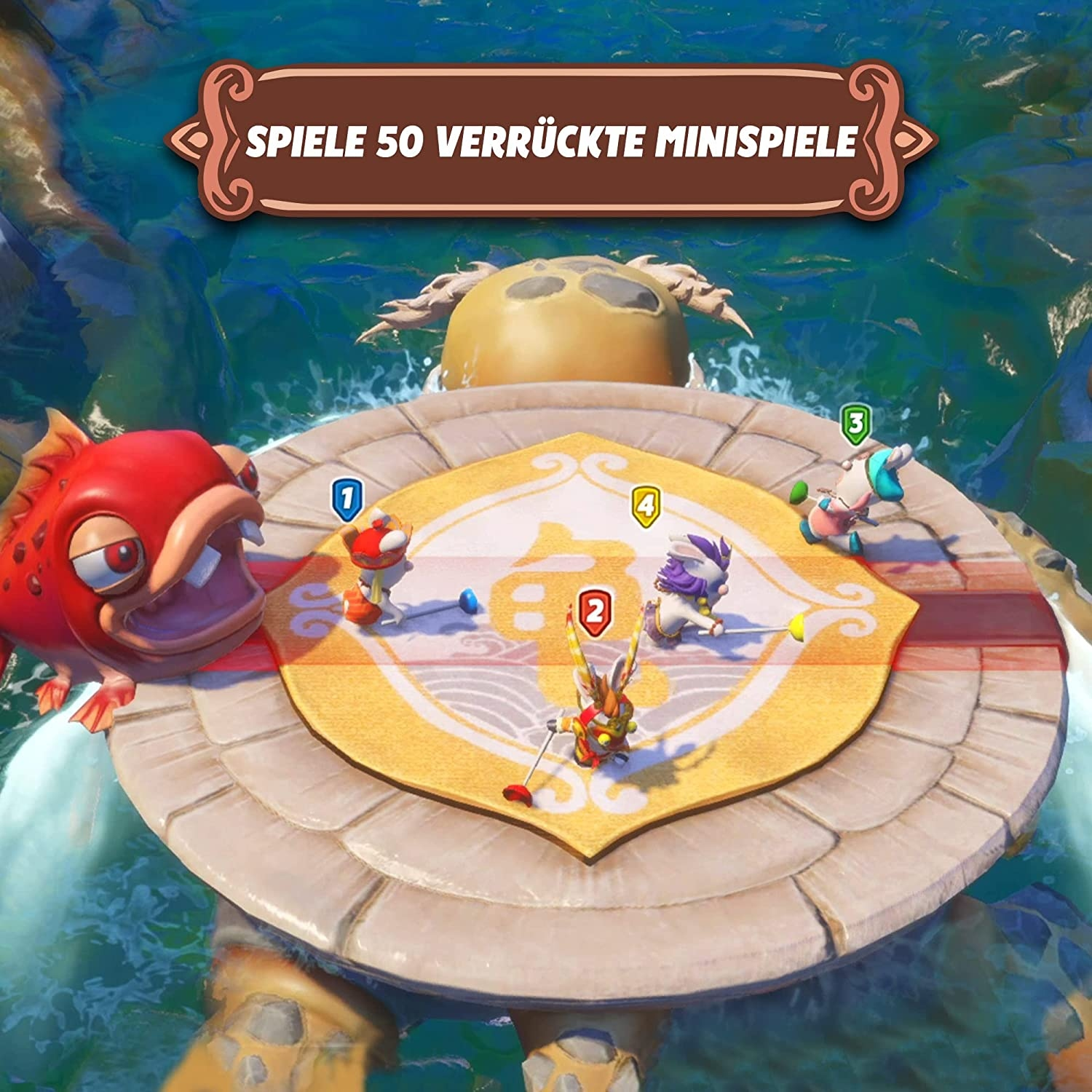 Schermo di gioco con personaggi dei cartoni animati su una piattaforma a forma di tartaruga, con testo: Spiel 50 verrückte Minispiele.