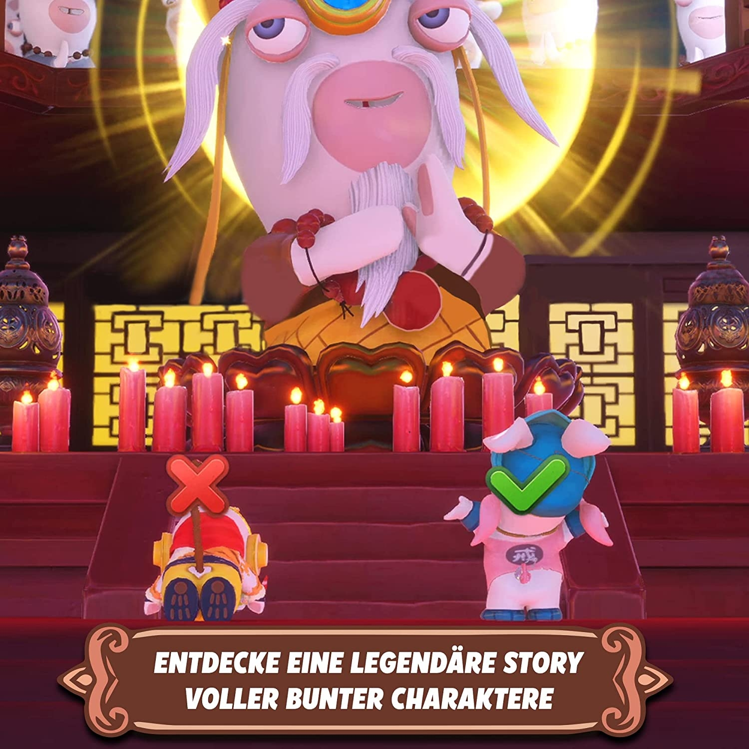 Scena di gioco con personaggi. Testo: Scopri una storia leggendaria piena di personaggi colorati.