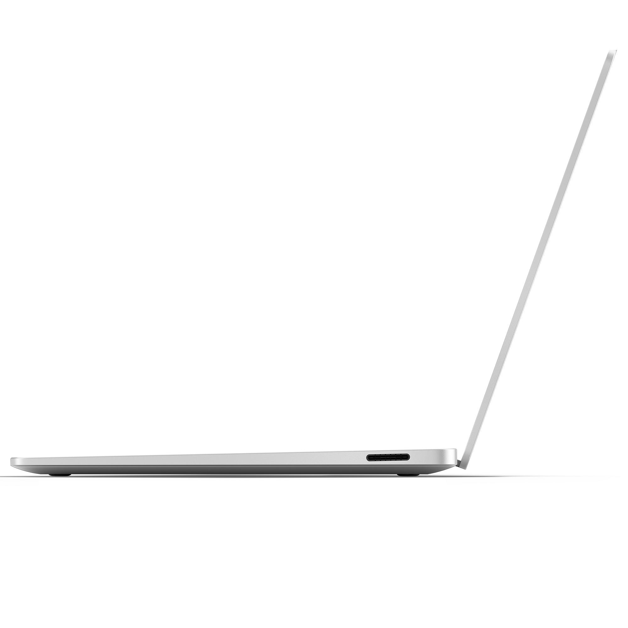 Silberner Laptop, geöffnet, Seitenansicht. Weißer Hintergrund. Schwarzer Anschluss sichtbar.