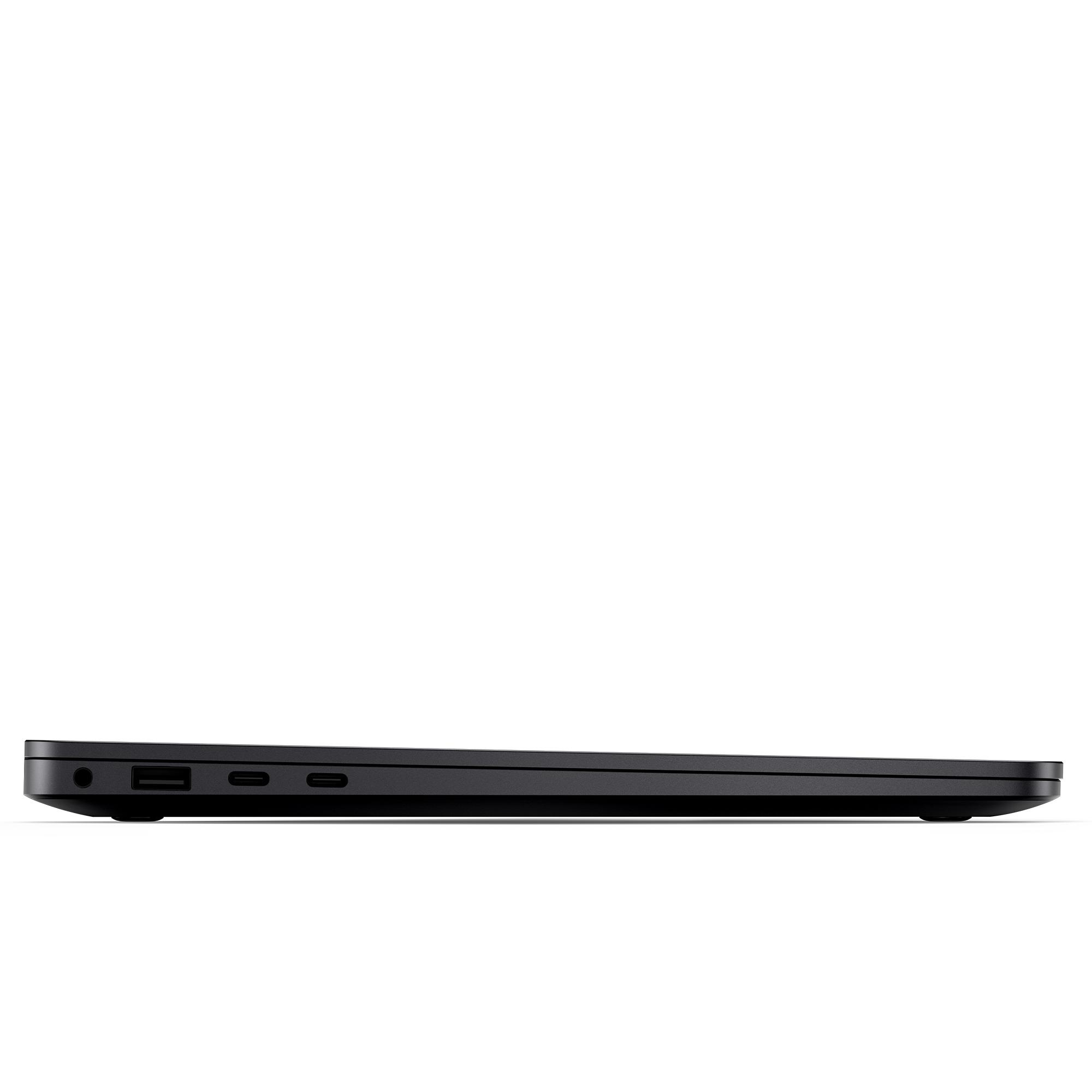 Schwarzer Laptop Seitenansicht, Anschlüsse sichtbar.