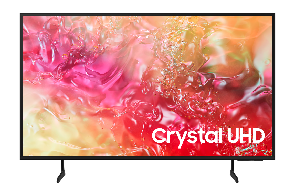 Renkli bir sıçrama ekranına sahip Samsung Crystal UHD TV. Siyah stand ve çerçeve. İzole edilmiş.