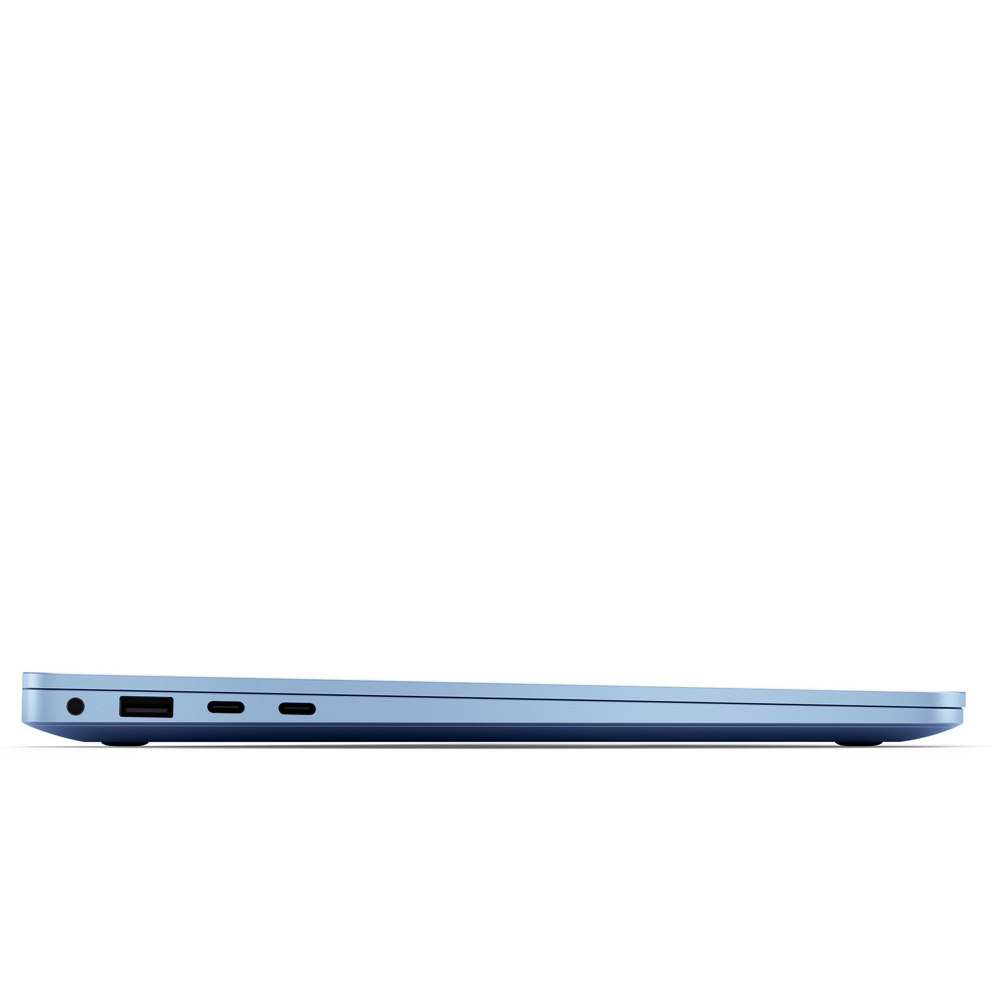 Blauer Laptop, Seitenansicht, mit Anschlüssen auf der linken Seite.