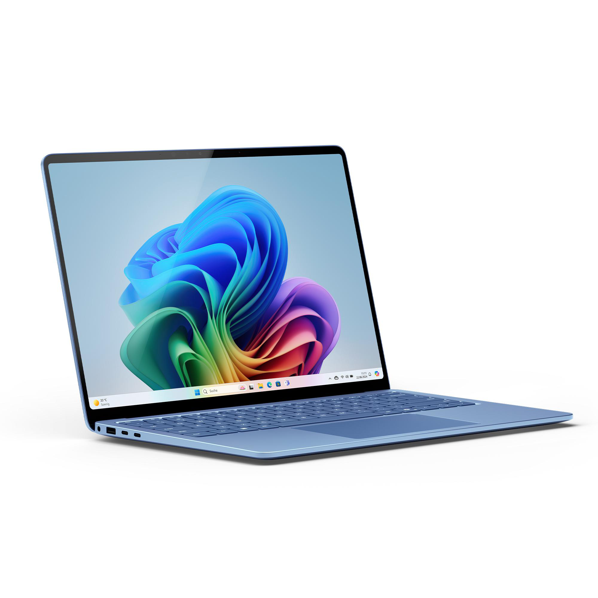 Blauer Laptop mit farbenfroher, abstrakter Anzeige.