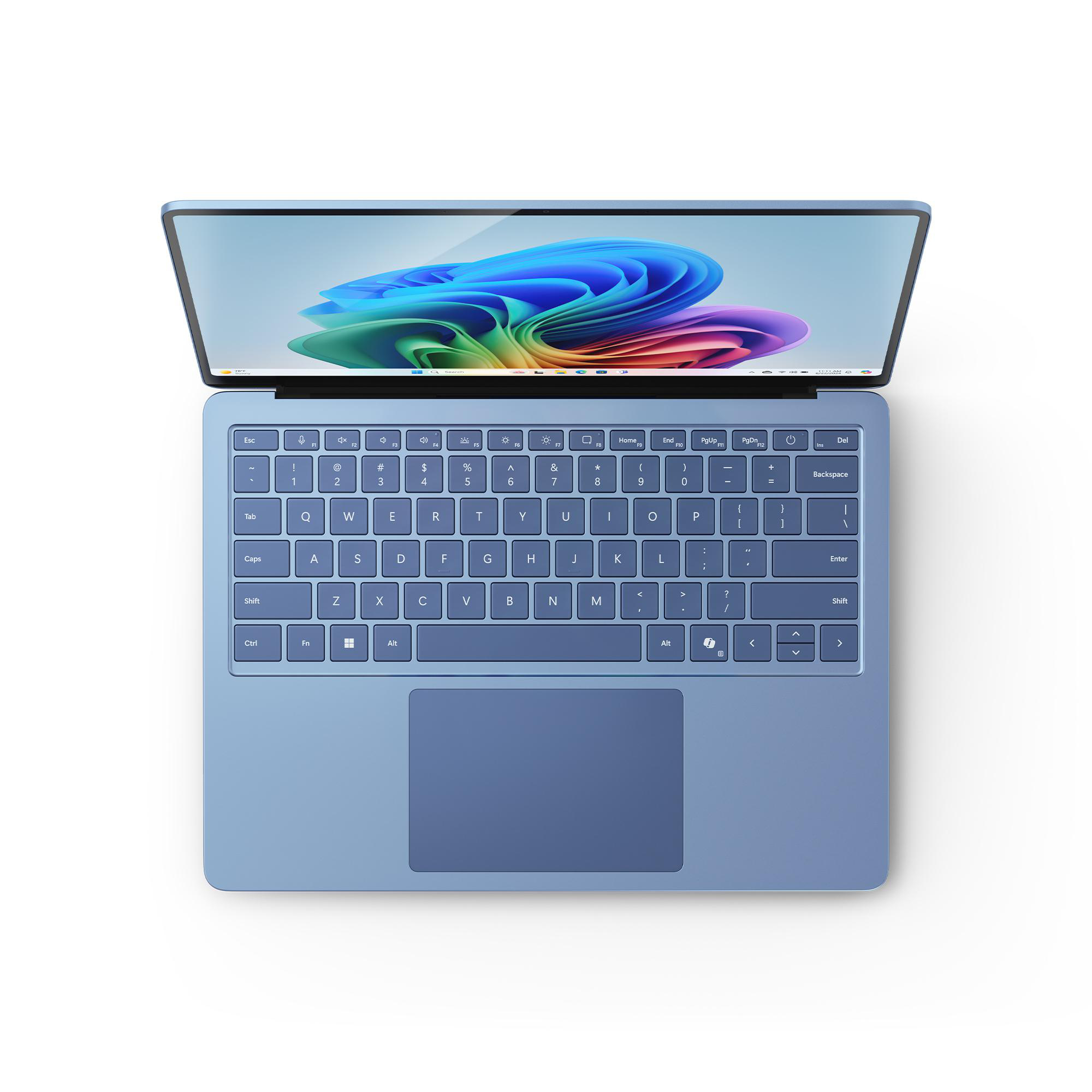 Blauer Laptop auf weißem Hintergrund. Geöffnet, Tastatur und Bildschirm zeigend. Draufsicht.