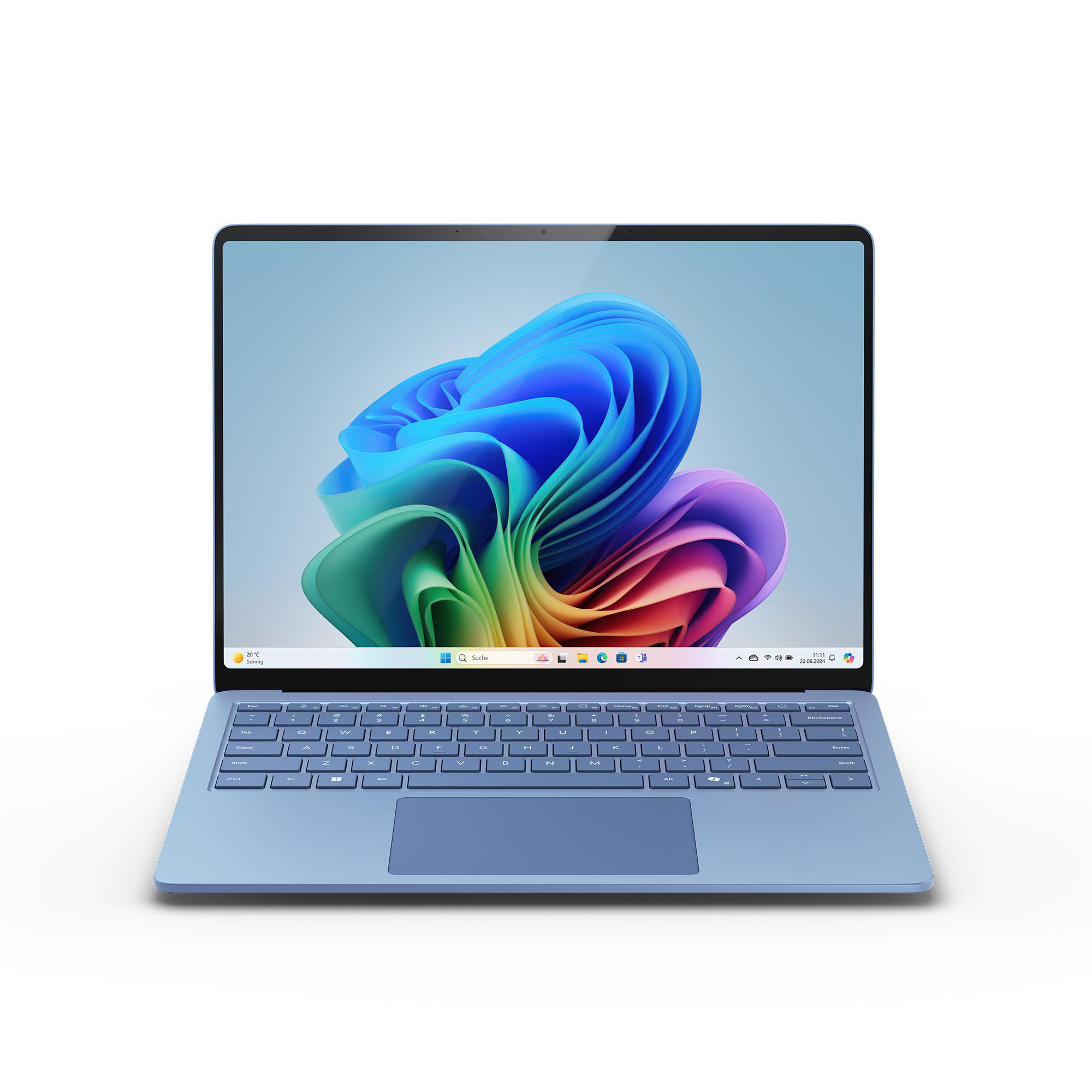 Ein hellblauer Laptop, der ein farbenfrohes abstraktes Design auf seinem Bildschirm anzeigt.