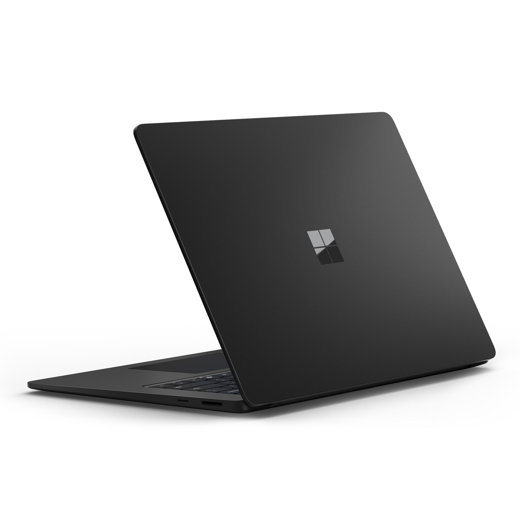 Ein schwarzer Laptop von hinten, mit Logo und leicht geöffnetem Deckel.