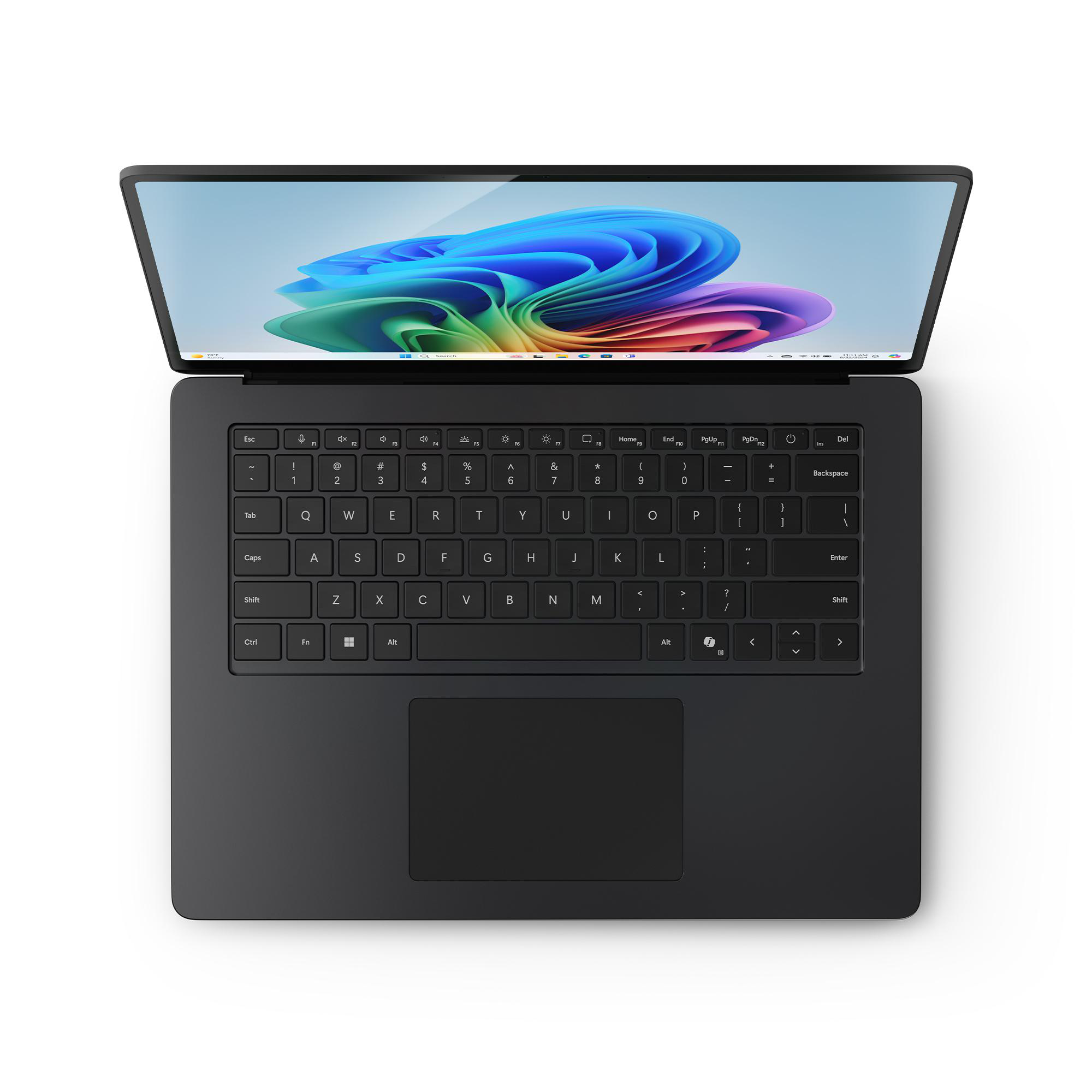 Schwarzer Laptop, offen, Draufsicht. Bildschirm zeigt farbenfrohes Design, Tastatur sichtbar. Weißer Hintergrund.