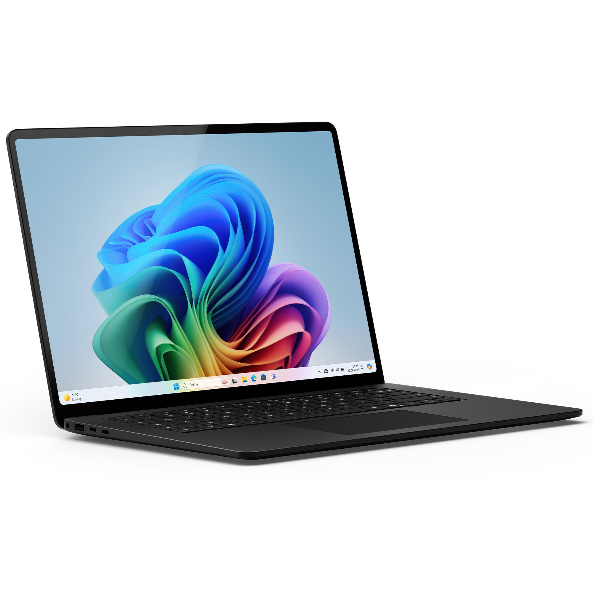 Ein schwarzer Laptop auf weißem Hintergrund mit einem farbenfrohen abstrakten Hintergrundbild auf dem Bildschirm.