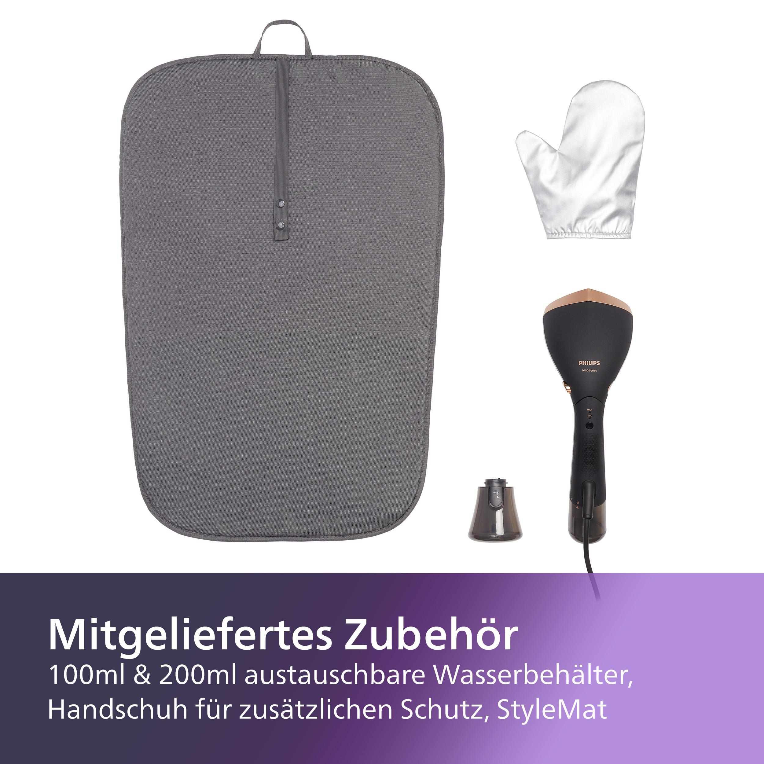 Kleidungsdampfer-Zubehör: Hülle, Handschuh, Dampfer. Text: Mitgeliefertes Zubehör: 100 ml & 200 ml Wassertank.