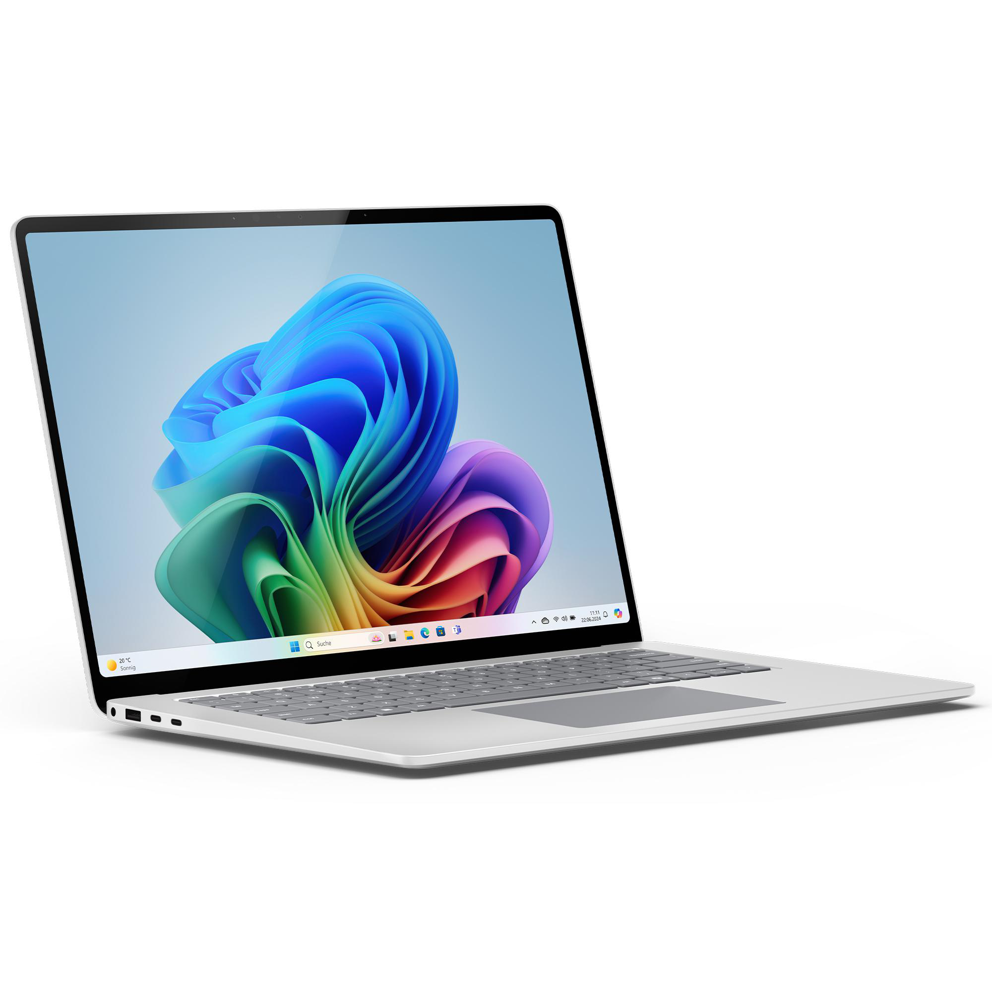 Silberner Laptop, geöffnet in einem Winkel. Bildschirm zeigt abstraktes Design. Weißer Hintergrund. Der Bildschirm ist geneigt.