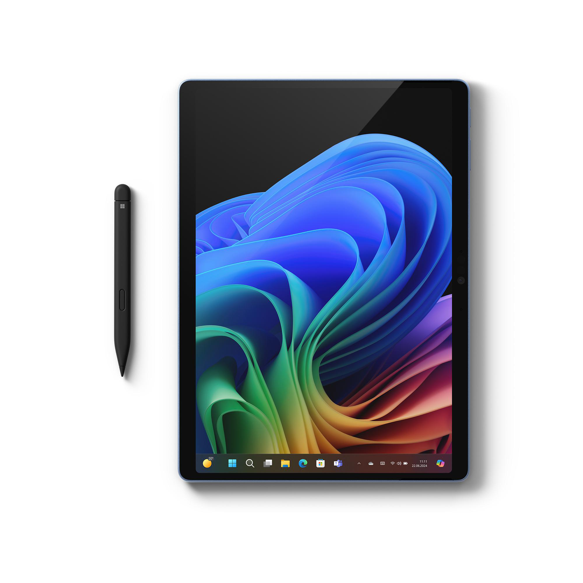 Ein Tablet und ein Stift auf weißem Grund. Das Tablet hat einen blauen Rand und ein digitales Display.