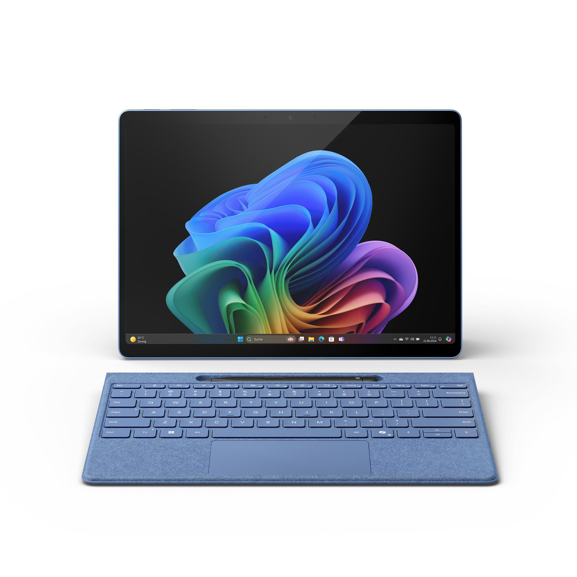 Ein Tablet und eine Tastatur. Das Tablet zeigt ein farbenfrohes abstraktes Bild. Die Tastatur ist blau.