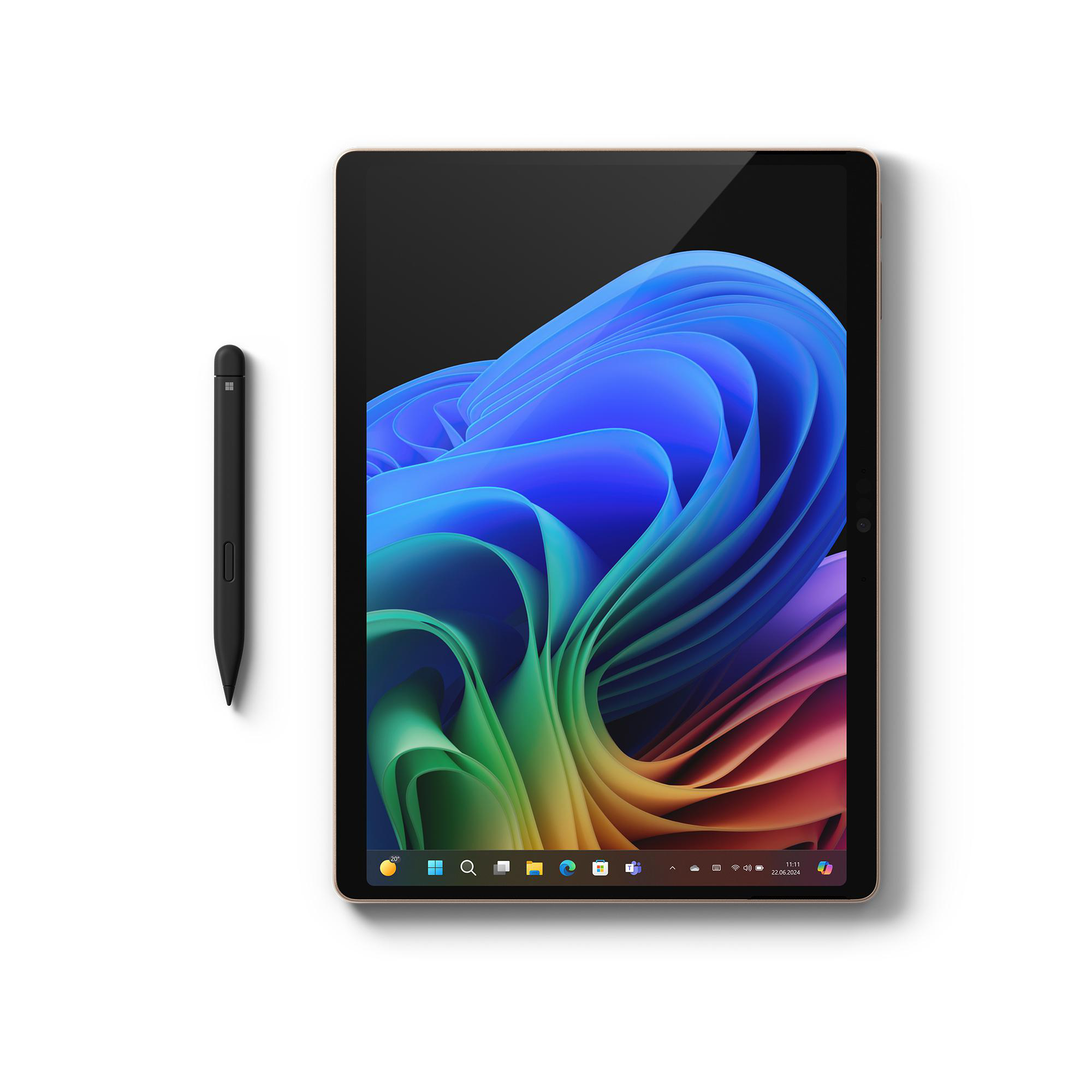 Ein Tablet mit Stift. Das Tablet zeigt ein farbenfrohes, abstraktes Bild. Weißer Hintergrund.