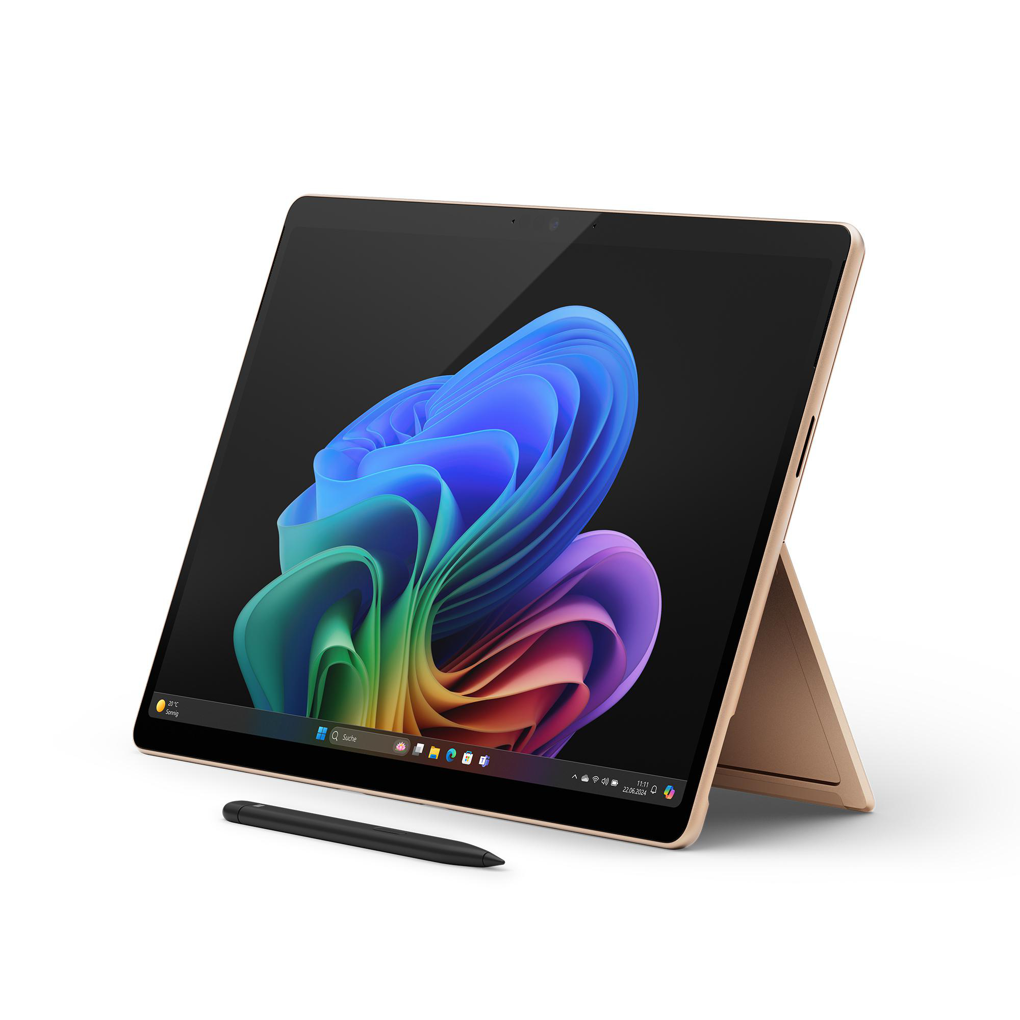 Ein goldfarbenes Tablet mit schwarzem Stift auf weißem Hintergrund, das ein abstraktes Hintergrundbild anzeigt.