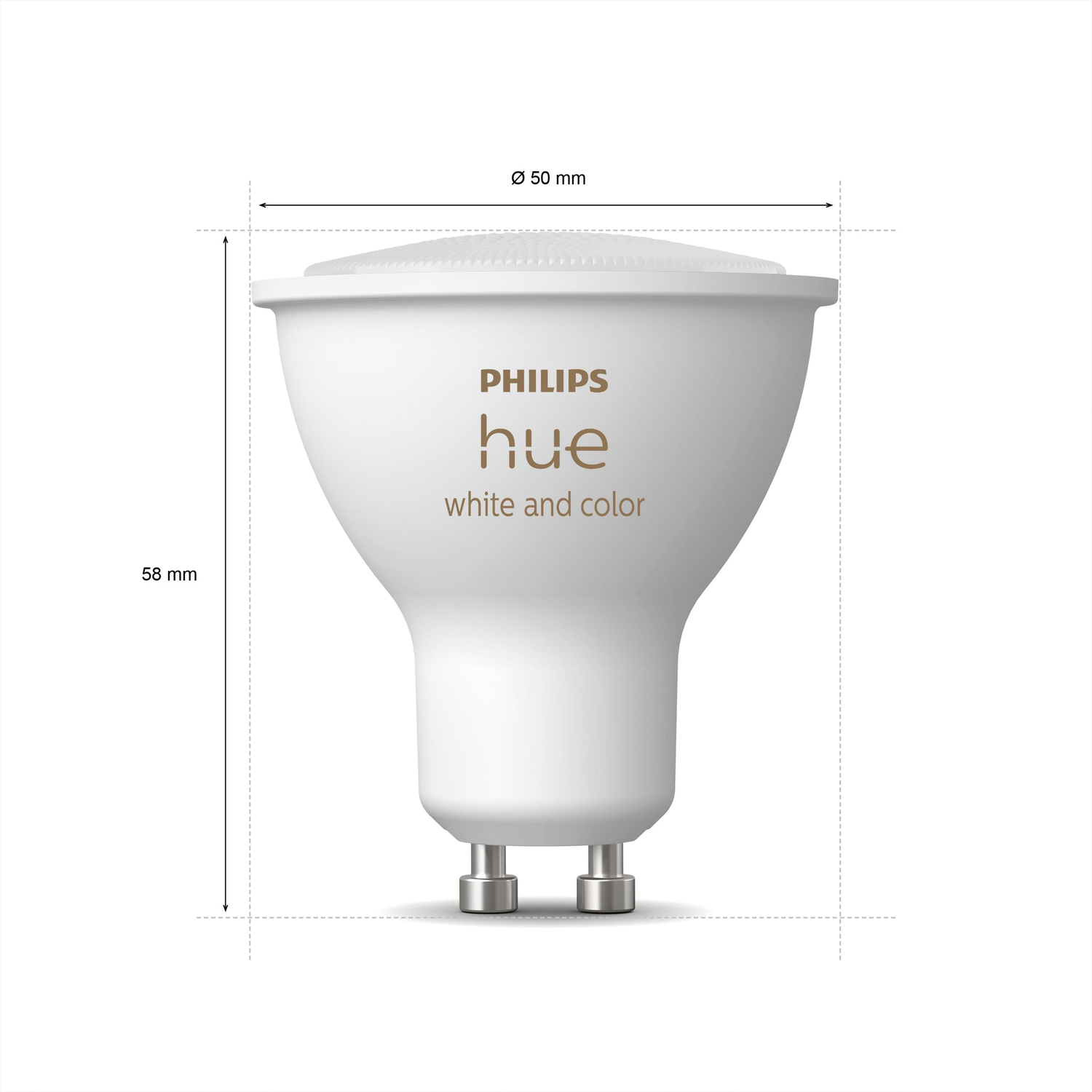 A white Philips Hue light bulb, with dimensions and the brand name visible.