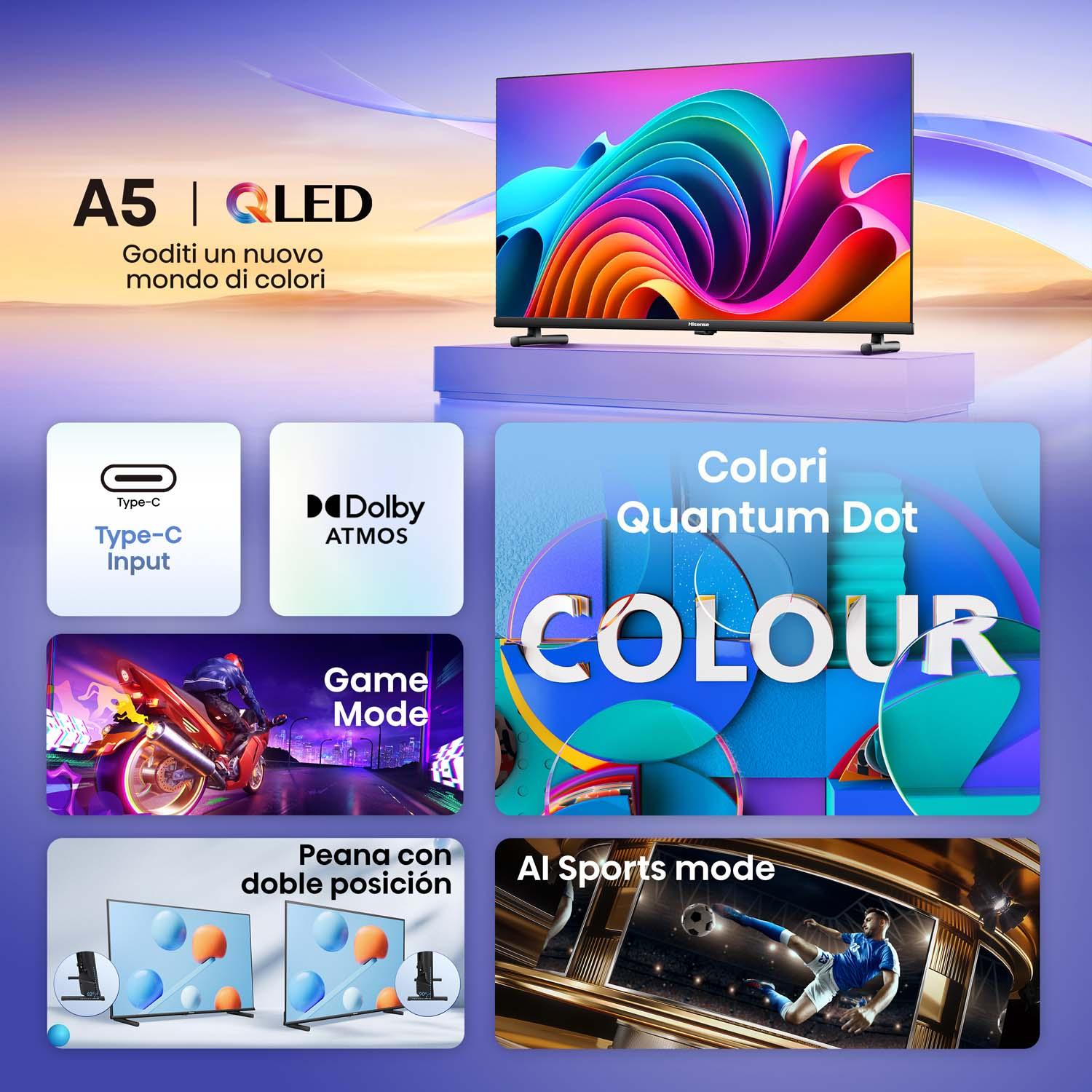 TV QLED 40" - Hisense 40A5NQ/QLED, Full-HD, HDR 10+, Dolby Atmos, Modo Deportes IA, Control por voz,  Negro