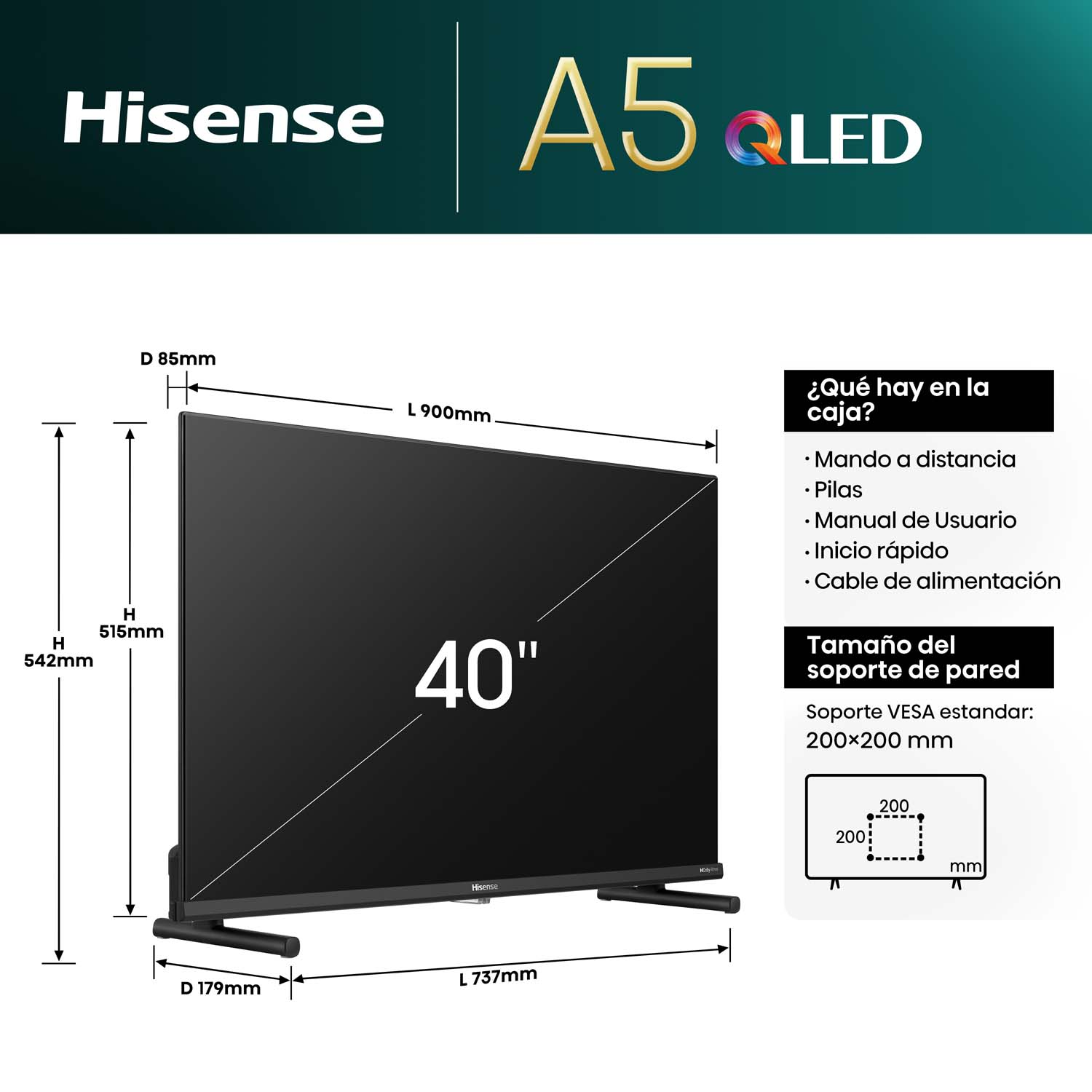 TV QLED 40" - Hisense 40A5NQ/QLED, Full-HD, HDR 10+, Dolby Atmos, Modo Deportes IA, Control por voz,  Negro