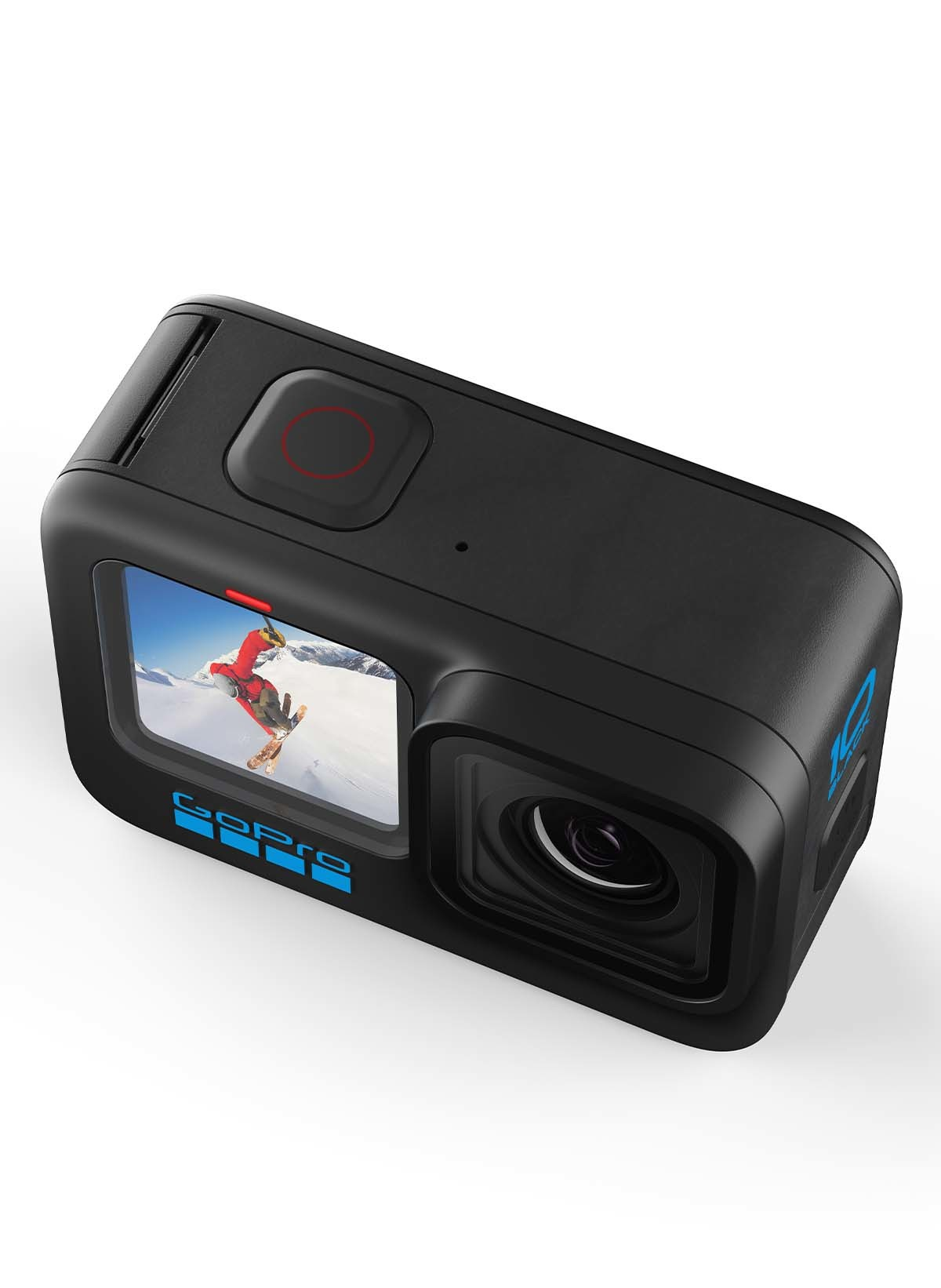 Schwarze GoPro-Action-Kamera mit Bildschirm, der einen Skifahrer zeigt.